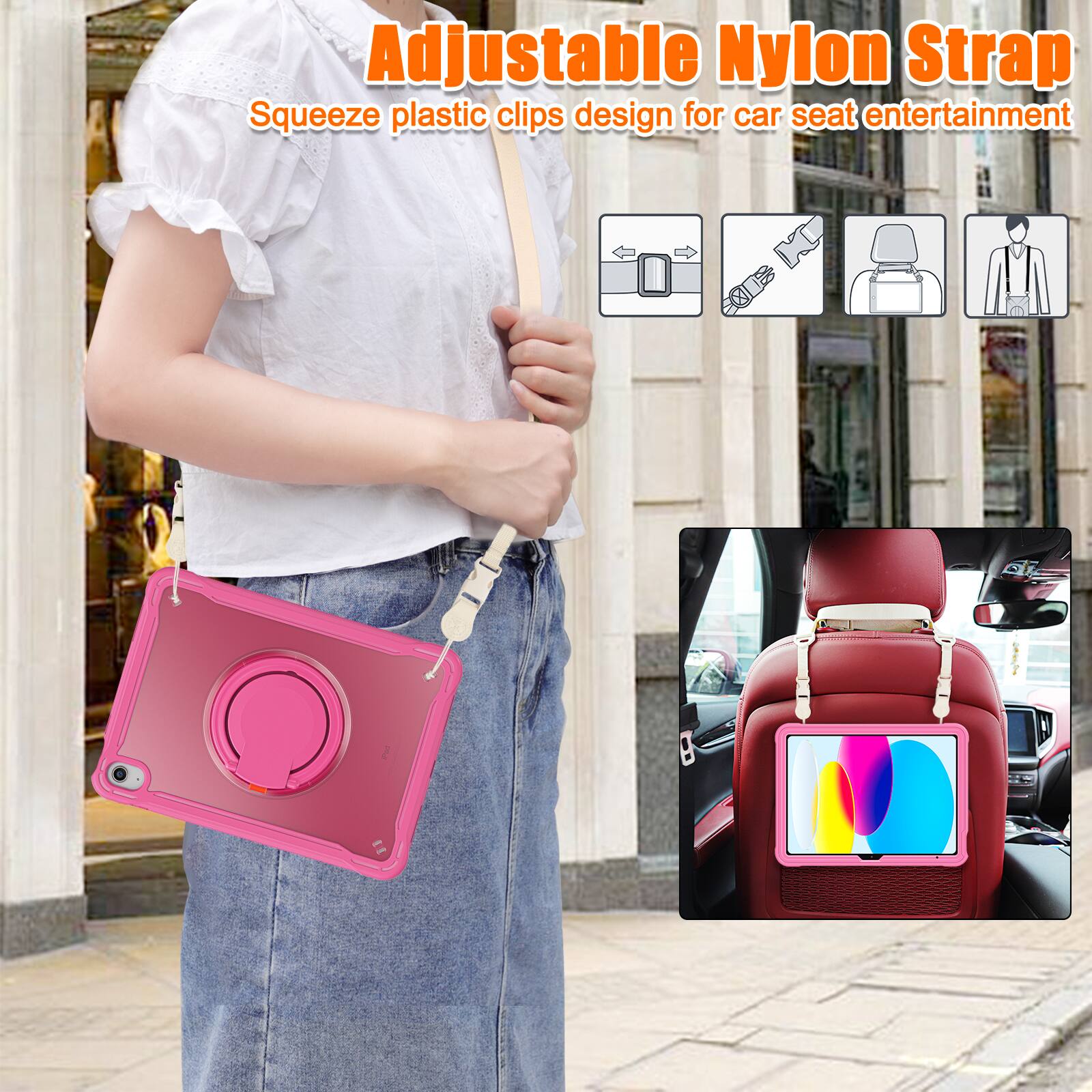 Adjustable Nylon Strap  
Squeeze plastic clips design for car seat entertainment