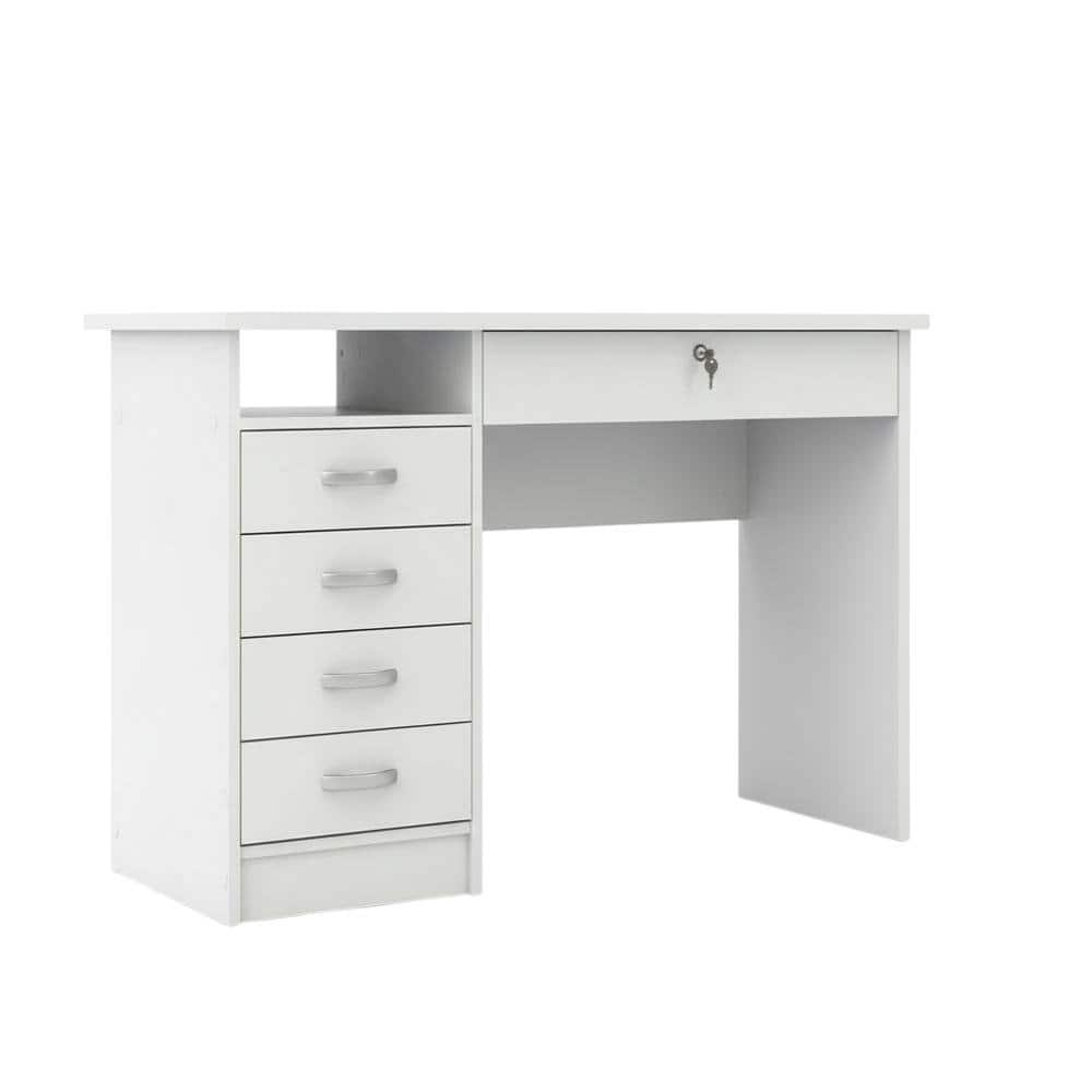 FurniFact - Elegant Computer Desk Featuring Five Drawers and Open Shelf Design - White