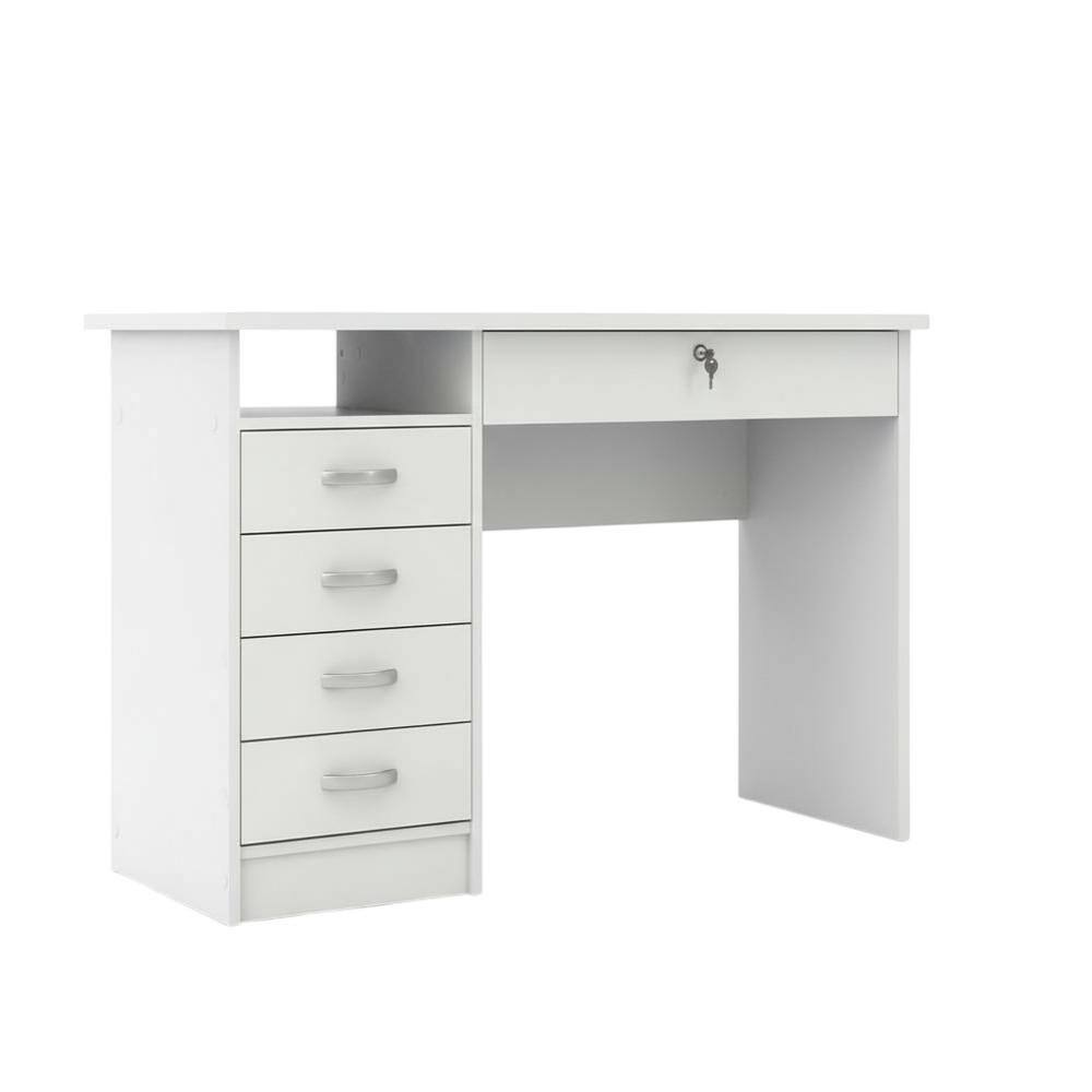Front. FurniFact - Elegant White Computer Desk Featuring Five Drawers and Open Shelf Design - White.