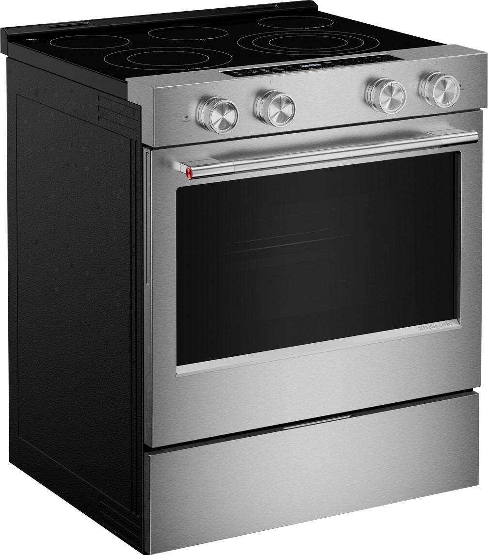 Left. KitchenAid - 5.3 Cu. Ft. Smart Slide-In Electric Range with Two Even-Heat Hyper Elements and Convection Cooking Modes - Fingerprint Resistant Stainless Steel.