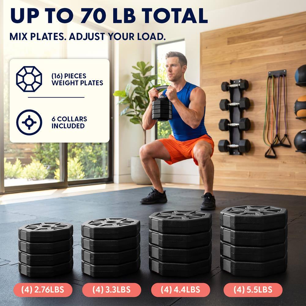 UP TO 70 LB TOTAL MIX PLATES. ADJUST YOUR LOAD.

(16) PIECES WEIGHT PLATES
6 COLLARS INCLUDED
(4) 2.76LBS
(4) 3.3LBS
(4) 4.4LBS
(4) 5.5LBS
