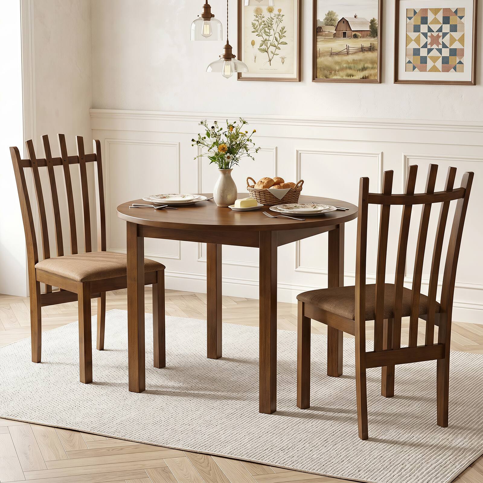 Alt View 3. Costway - Costway 2 PCS Rubber Wood Slat Back Kitchen Dining Chairs Linen Fabric Upholstered Seat - Walnut+Brown.