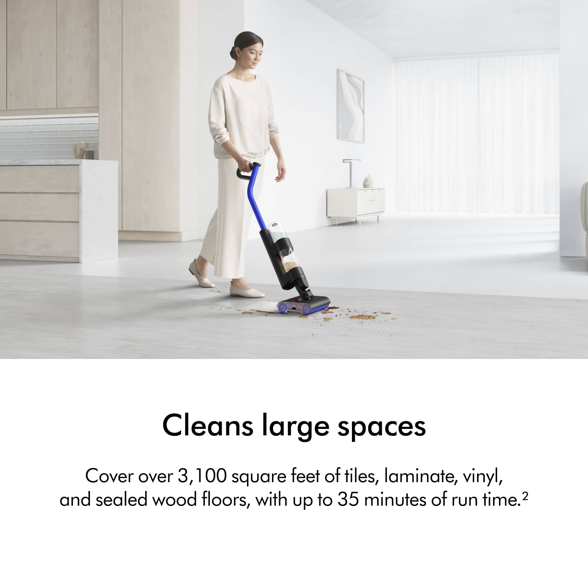 Cleans large spaces. Cover over 3,100 square feet of tiles, laminate, vinyl, and sealed wood floors, with up to 35 minutes of run time.