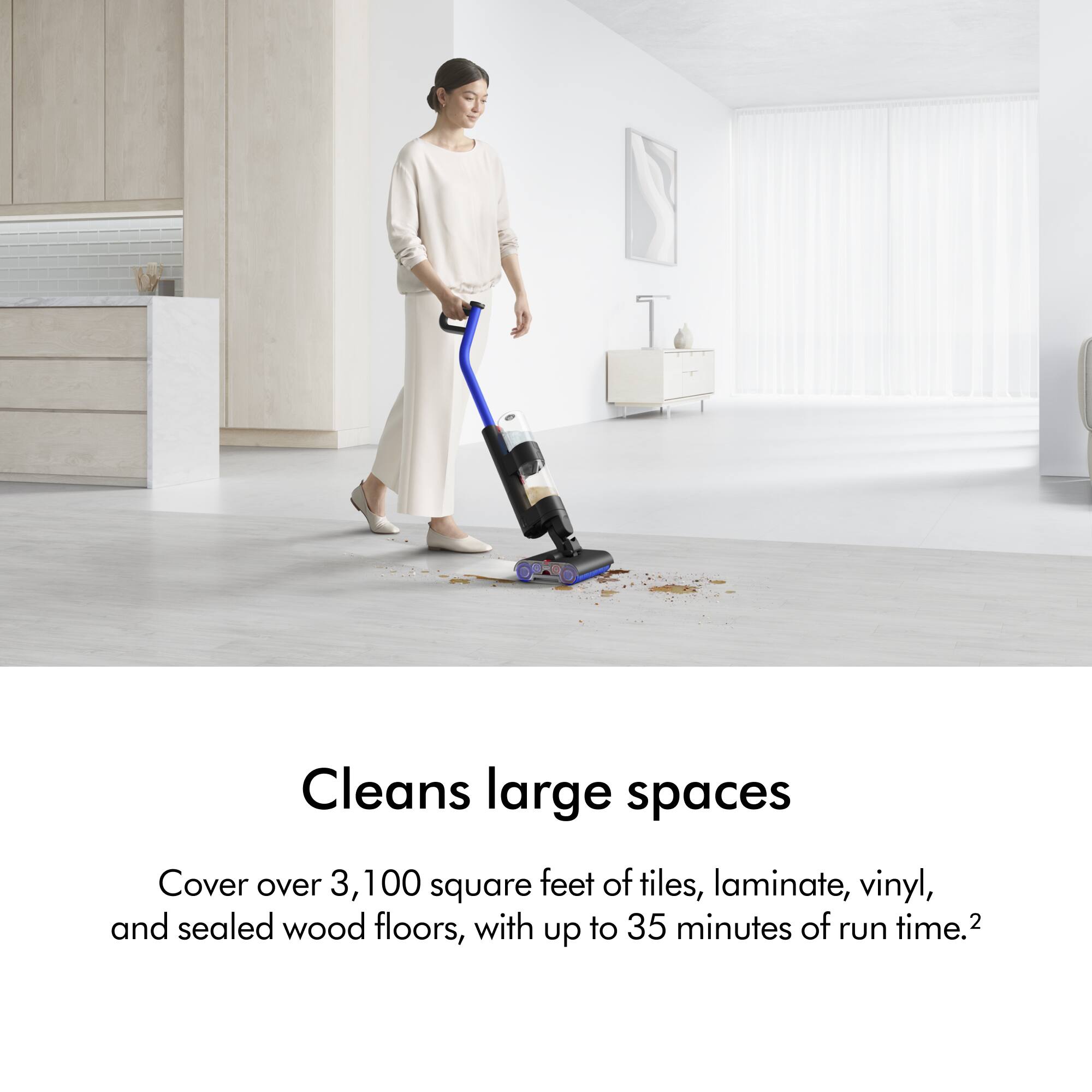 Cleans large spaces. Cover over 3,100 square feet of tiles, laminate, vinyl, and sealed wood floors, with up to 35 minutes of run time.