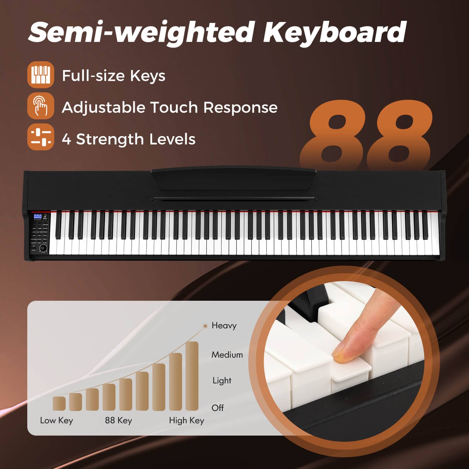 Semi-weighted Keyboard

- Full-size Keys
- Adjustable Touch Response
- 4 Strength Levels

88

- Heavy
- Medium
- Light
- Off

Low Key | 88 Key | High Key