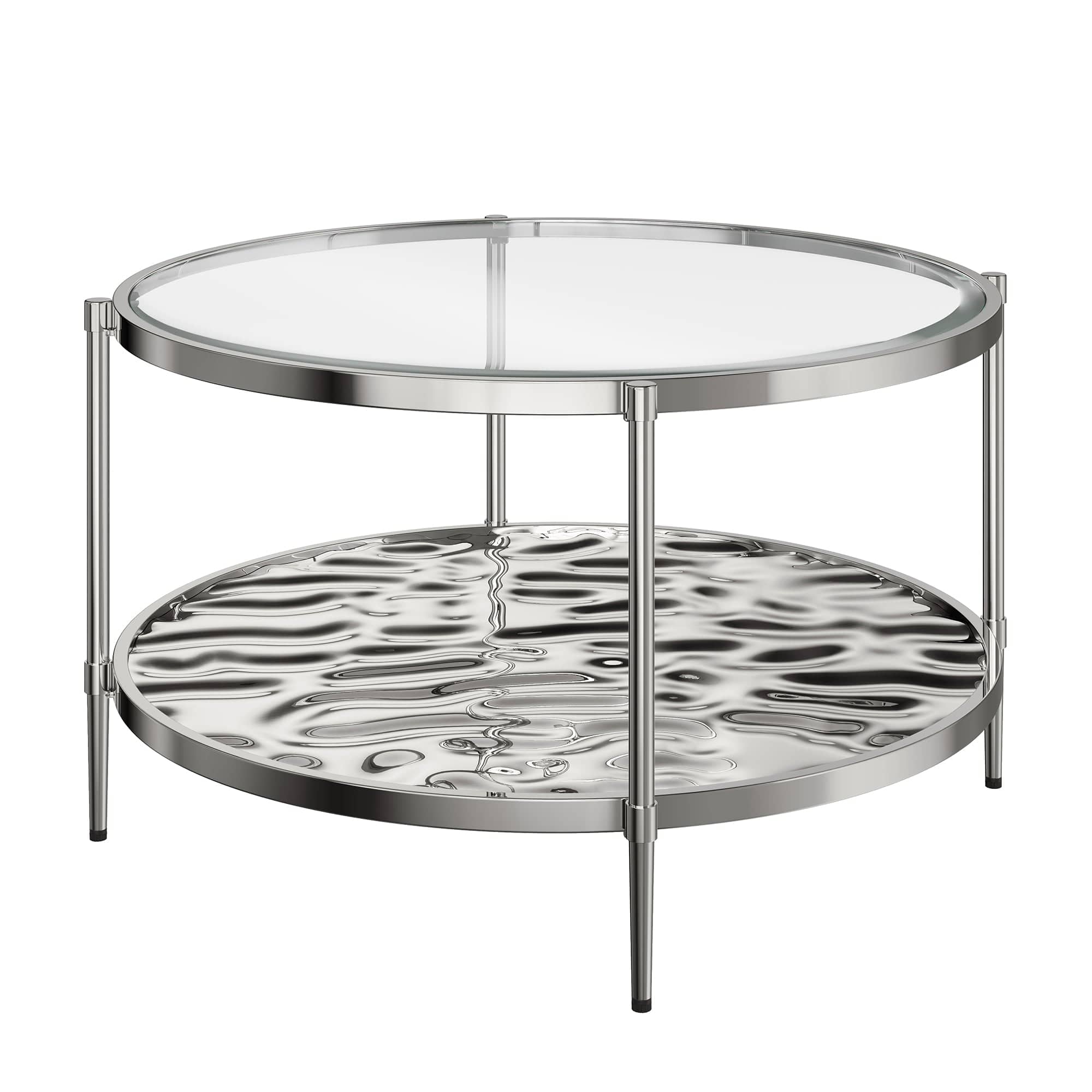 Boyel Living - 31.5 Inch Round Glass Coffee Table with Double Shelf Modern Living Room Furniture - Stainless Steel