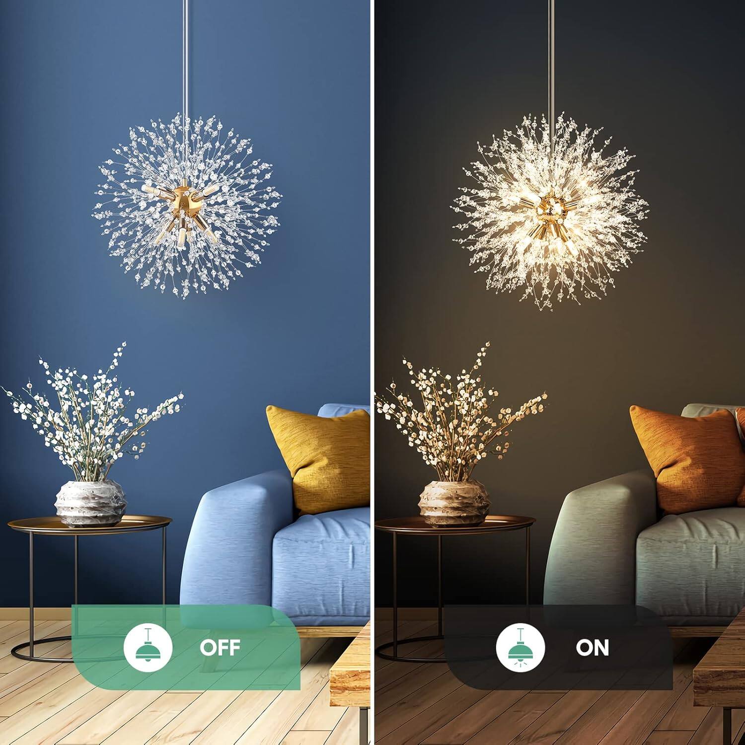 Left. Nordic Hygge - Modern Gold Crystal Chandeliers Firework, 8-Light Dandelion Chandelier, Semi Flush Mount Ceiling Light Fixtures - Gold.