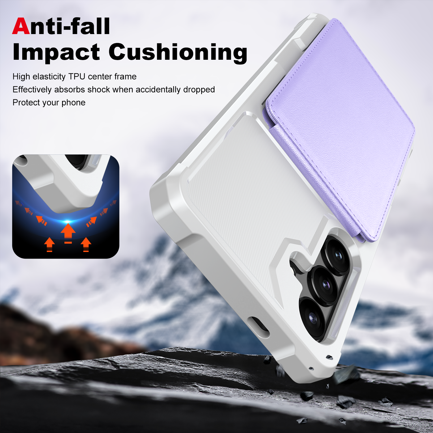 Anti-fall Impact Cushioning

High elasticity TPU center frame
Effectively absorbs shock when accidentally dropped
Protect your phone