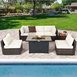 Gymax - 7PCS Patio Rattan Furniture Set Fire Pit Table Cover Cushion - Off White