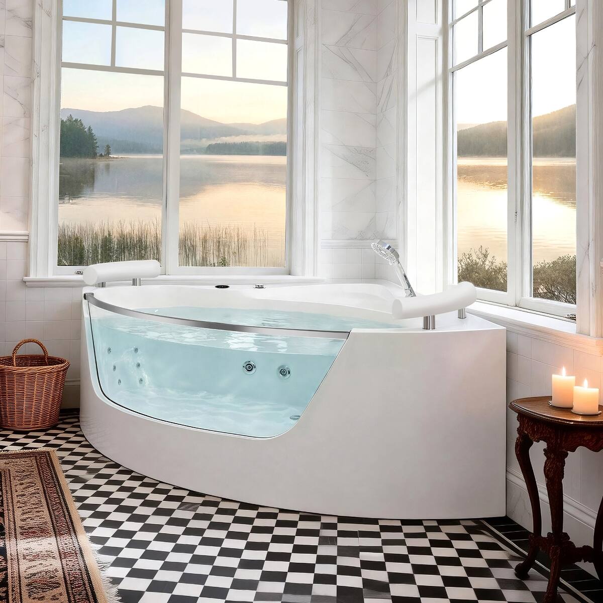 Left. Loheer - Loheer Acrylic Corner Whirlpool Bathtub for Two with Heater, 59 in Jetted Soaking Tub with Center Drain - Milk White.
