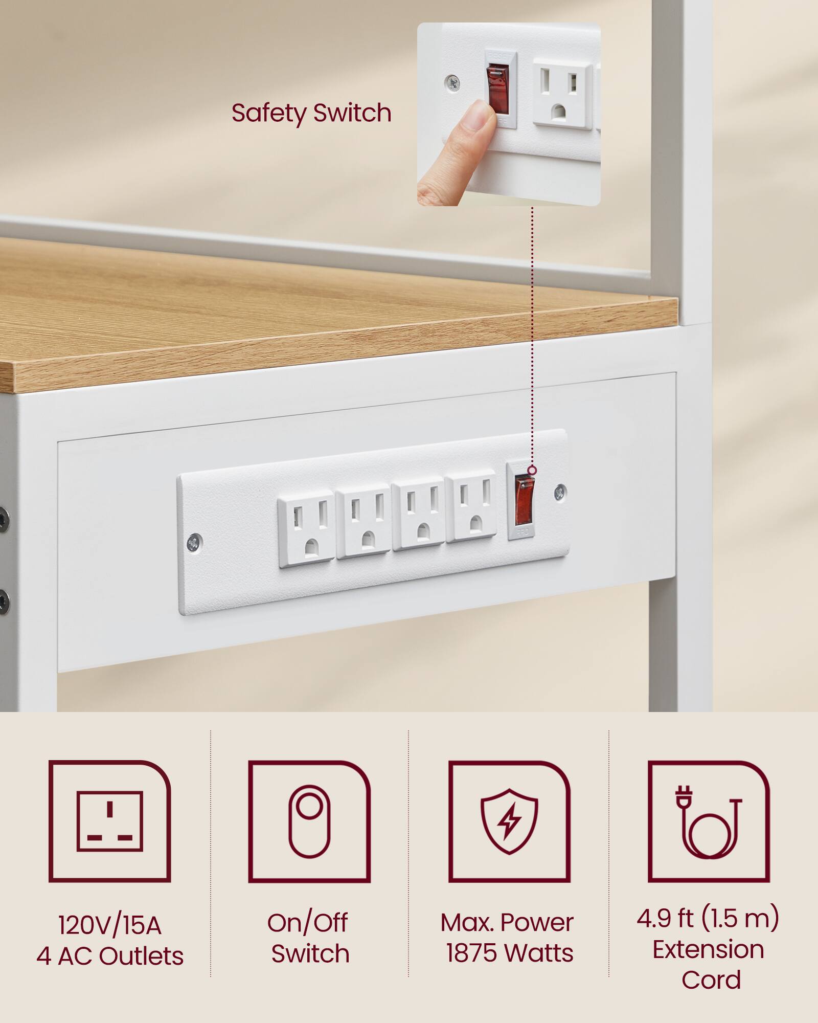 Safety Switch  
120V/15A  
4 AC Outlets  
On/Off Switch  
Max. Power 1875 Watts  
4.9 ft (1.5 m) Extension Cord