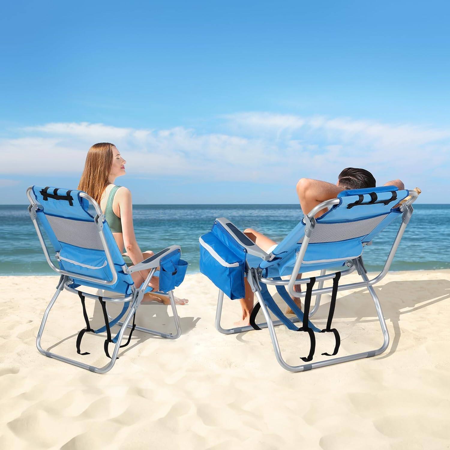 Alt View 8. Winado - 2 PCS Folding Beach Chair Lightweight with 5-Position, Cooler Bag, Cup Holders, Backpack Towel Bar for Camping Beach - Blue.