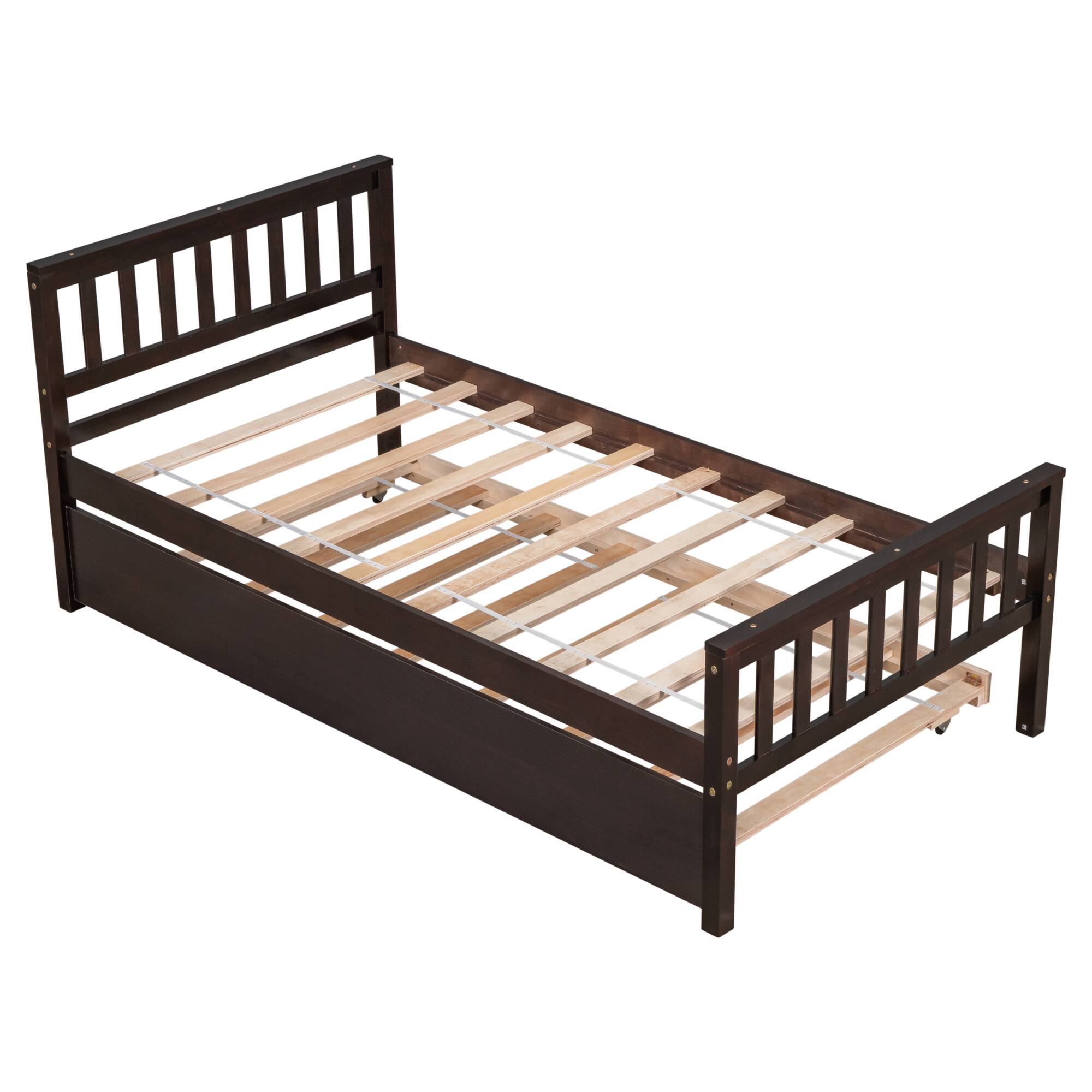 Angle. GOODSILO - Space-Saving Twin Platform Bed Frame with Pull-Out Trundle and Headboard for Compact Living Areas - Espresso.