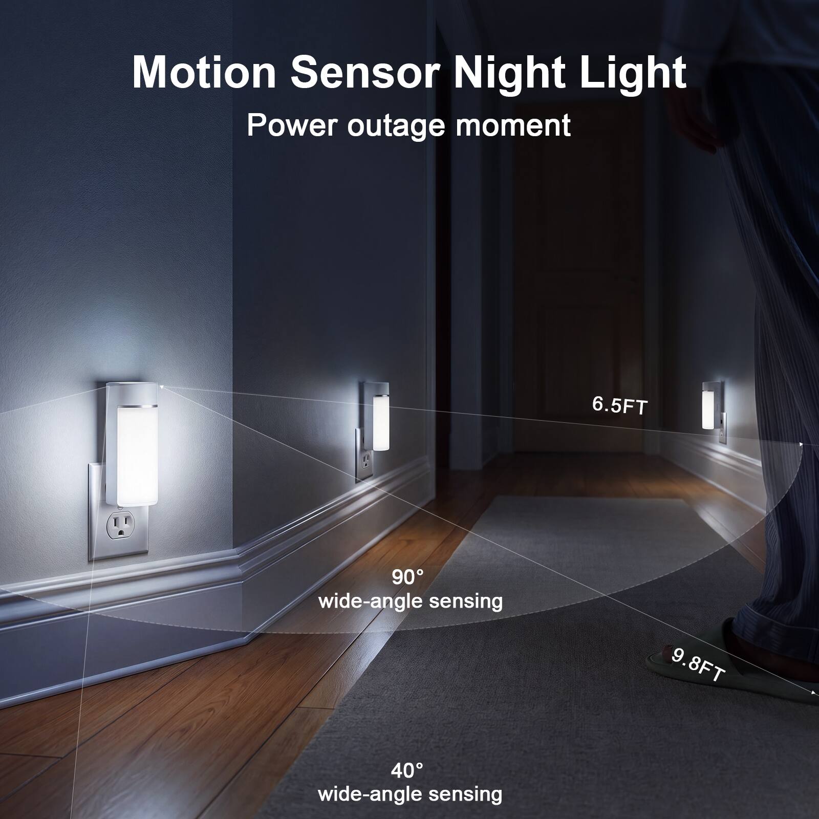 Motion Sensor Night Light  
Power outage moment  

6.5FT  
90° wide-angle sensing  

9.8FT  
40° wide-angle sensing