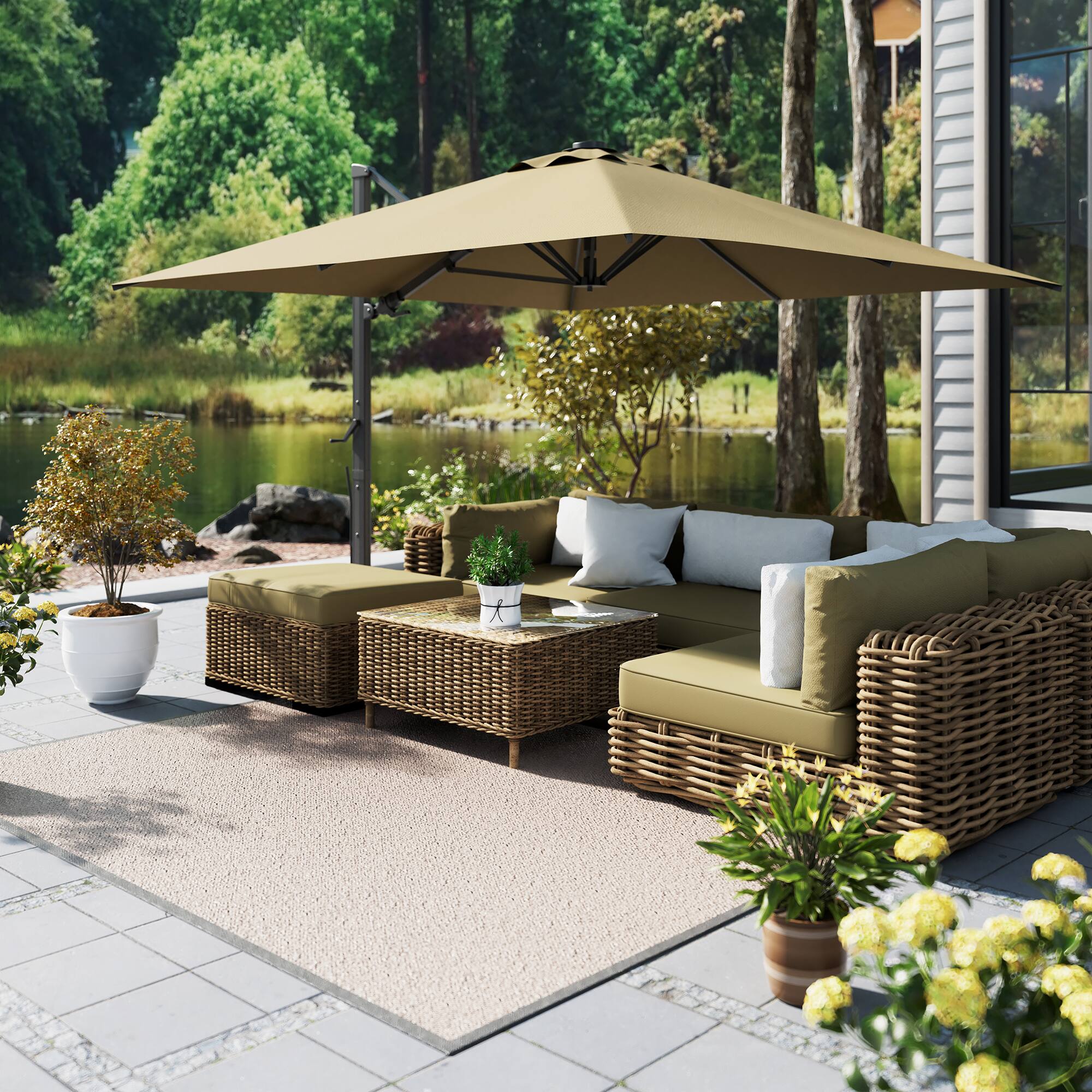 Left. Mondawe - 10x10ft Patio Cantilever Umbrella Square Large Offset Sun Umbrella with LED Light Panel - Tan.