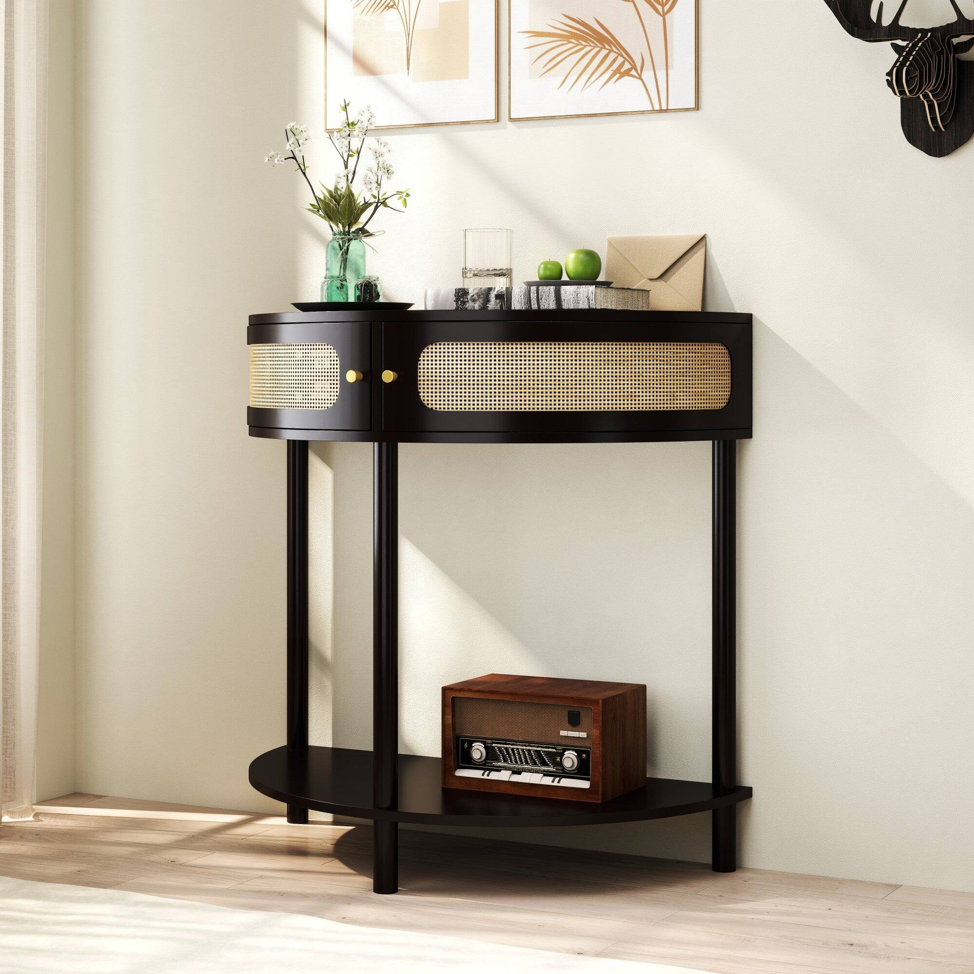 Alt View 2. Boyel Living - 31.88 in Boho Half Moon Console Table with Sliding Rattan Doors and Bottom Shelf Black - Black.
