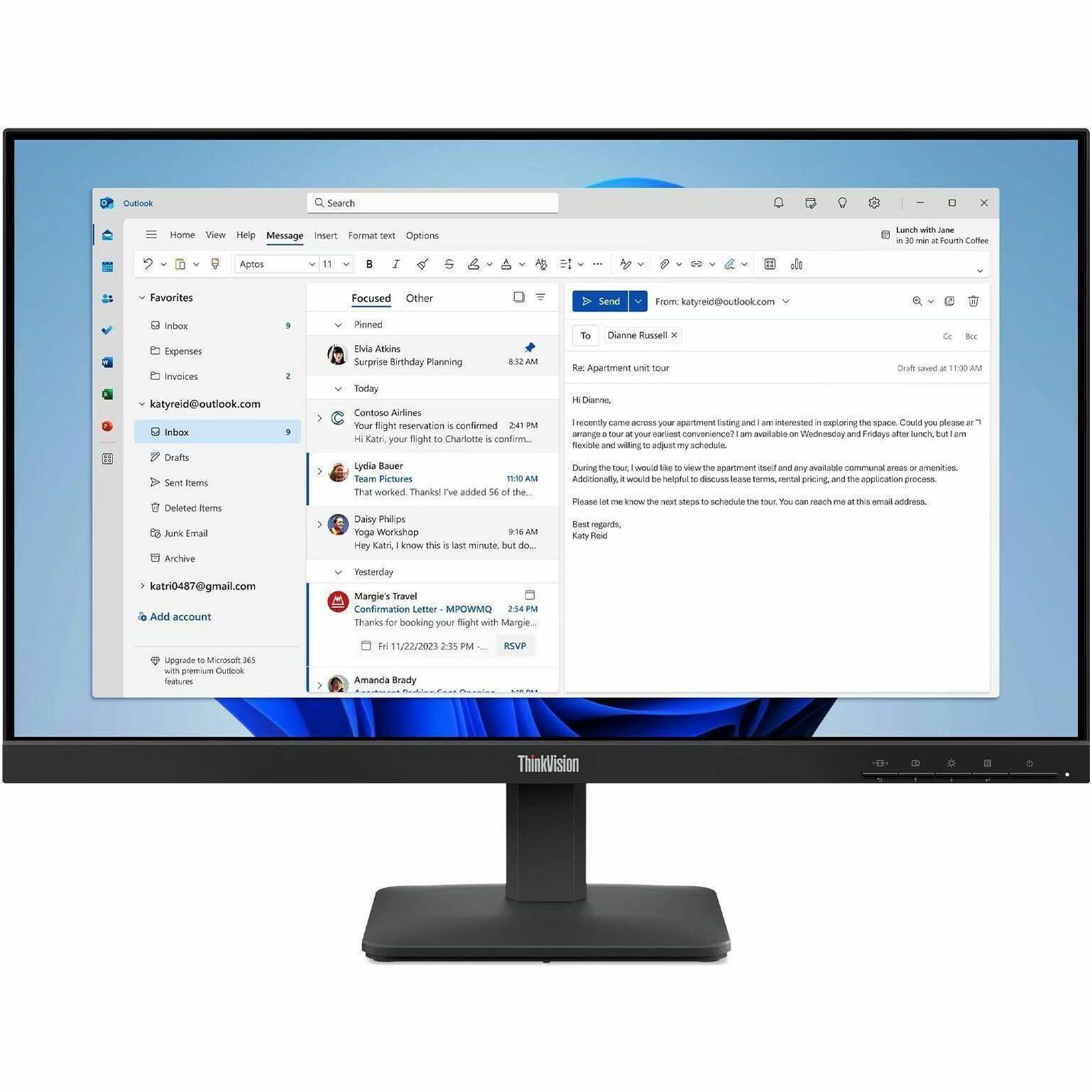 Sure, here is the corrected and grouped text from the image:

---

**Outlook Email Interface:**

- **Top Menu:**
  - Home
  - View
  - Help
  - Message
  - Insert
  - Format text
  - Options

- **Sidebar:**
  - Favorites
  - Inbox (9)
  - Expenses
  - Invoices (2)
  - Sent Items
  - Drafts
  - Deleted items
  - Junk Email
  - Archive
  - katry0487@gmail.com
  - Add account
  - Upgrade to Microsoft 365 with premium Outlook features

- **Email List:**
  - **Focused**
    - Elvia Atkins - Surprise Birthday Planning (8:32 AM)
    - Contose Airlines - Your flight to Charlotte is confirmed. (2:41 PM)
    - Lydla Bauer - Team Pictures (11:09 AM)
    - Daisy Phillips - That worked. Thanks! I've added 56% of the... (9:16 AM)
    - Margie's Travel - Confirmation Letter - MP0WQG (2:54 PM)
    - Amanda Brady - RSVP (