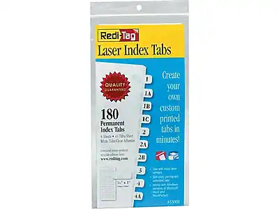 Redi-Tag Laser Index Tabs
Create your own custom printed Permanent Index Tabs in minutes!
180 Permanent Index Tabs
4 Sheets • 6 Tabs per Sheet
White Tabs • Clear Adhesive
QUALITY GUARANTEED
www.rditag.com
Use with most laser printers
Self-stick, permanent adhesive
Works with Microsoft Word and Excel
#33001
