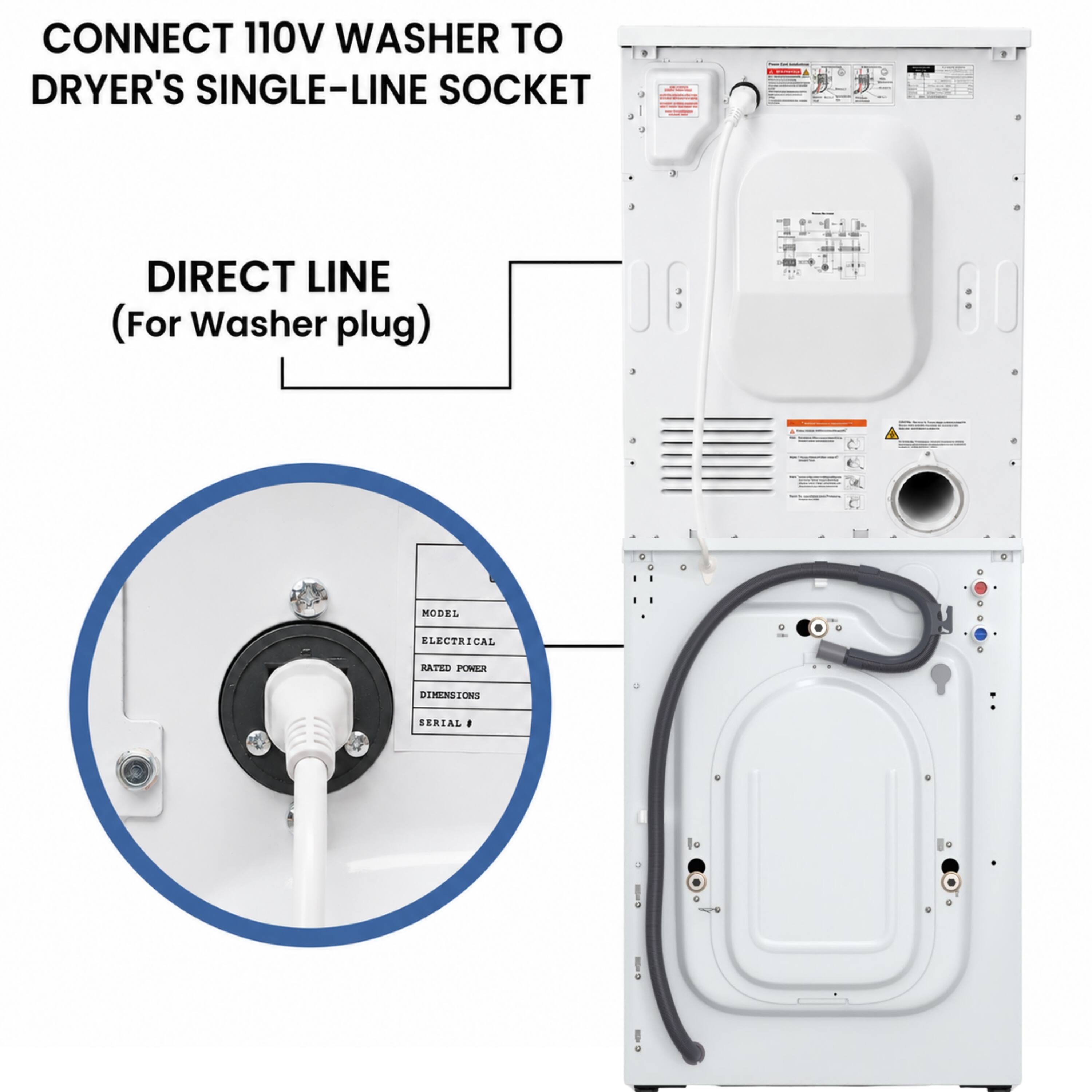 CONNECT 110V WASHER TO DRYER'S SINGLE-LINE SOCKET

DIRECT LINE (For Washer plug)

MODEL
ELECTRICAL
RATED POWER
DIMENSIONS
SERIAL