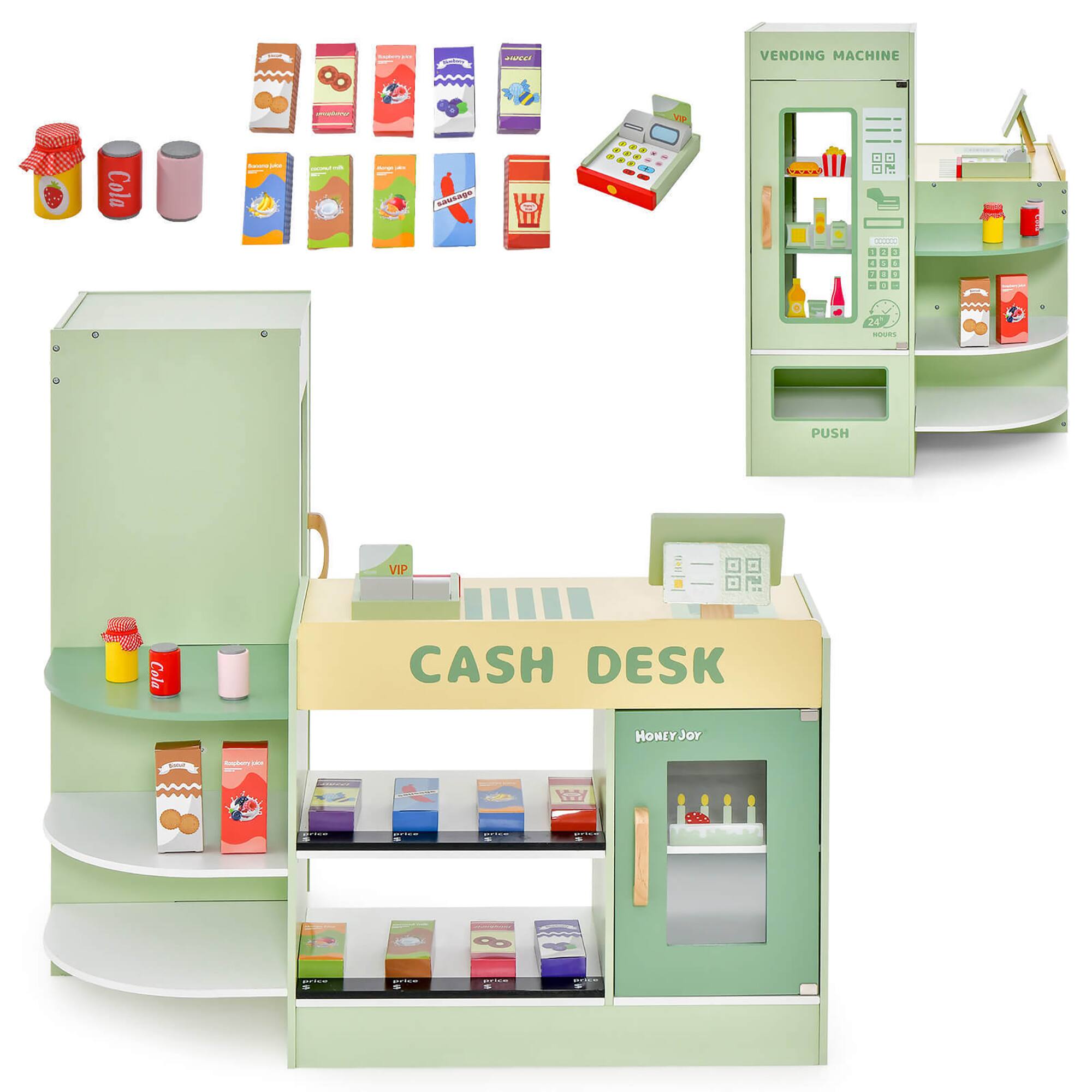 Gymax - Wooden Supermarket Play Toy Set Kids Grocery Store Playset w/ Checkout Counter - Green