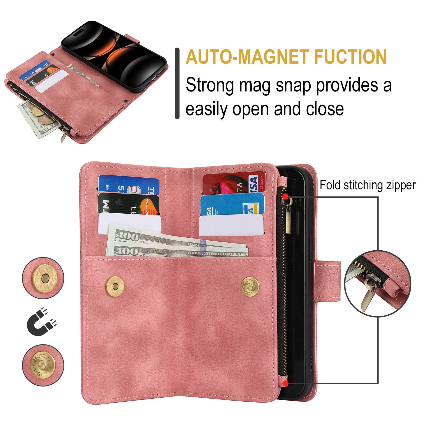 18 - E - H KT AUTO-MAGNET FUNCTION  
Strong mag snap provides a easily open and close  
M 5. LE E TN VOAA SA l1 78 SA  
Classe I A  
Fold stitching zipper  
100 100 C  
ONE  
OET 1ZARA & MO