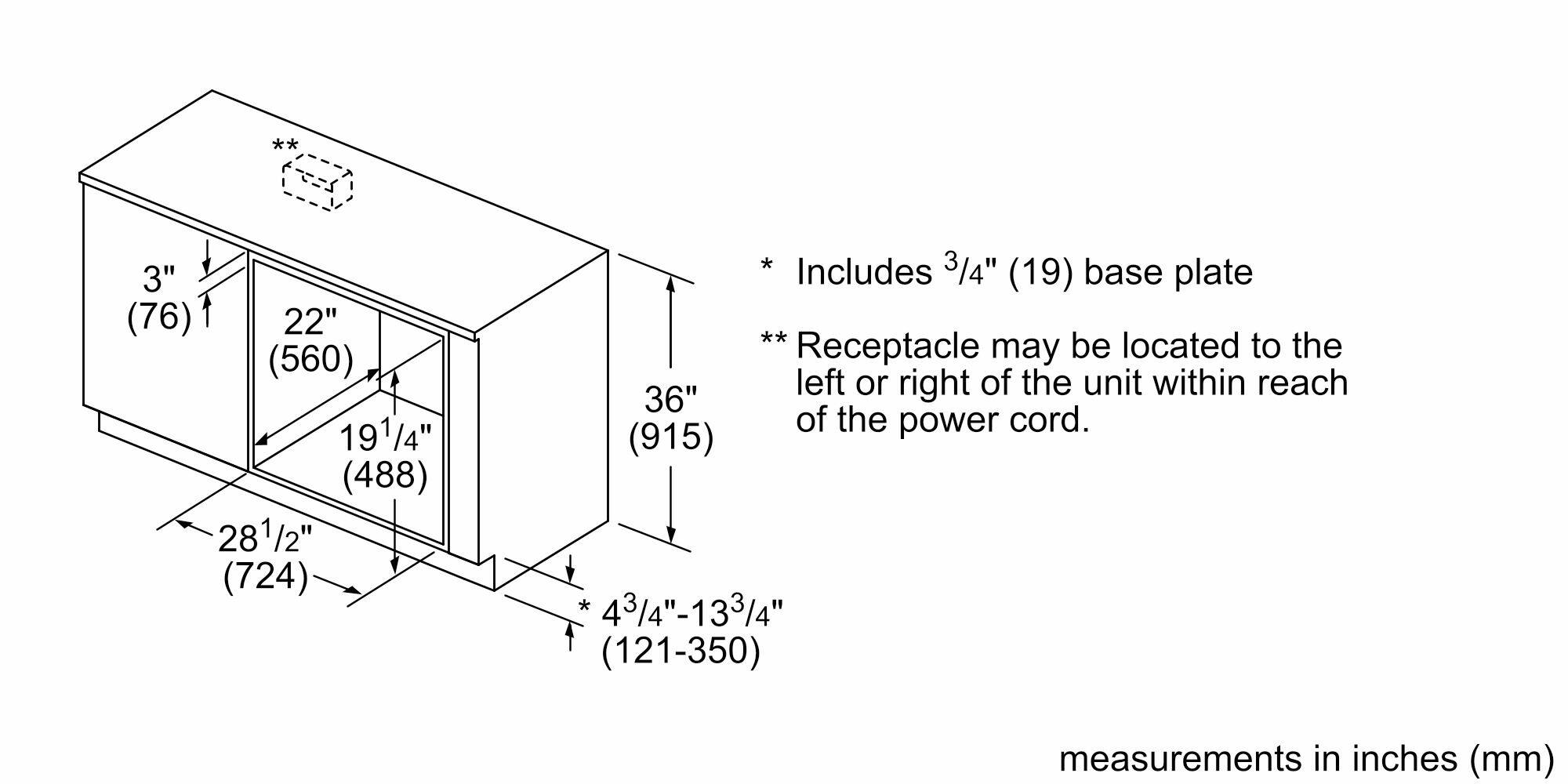 ** -- 3" (76) 22" (560) 19 1/4" (488) 28 1/2" (724) * 3/4" (19) base plate ** Receptacle may be located to the left or right of the unit within reach 36" (915) 4 3/4"-13 3/4" (121-350) measurements in inches (mm)