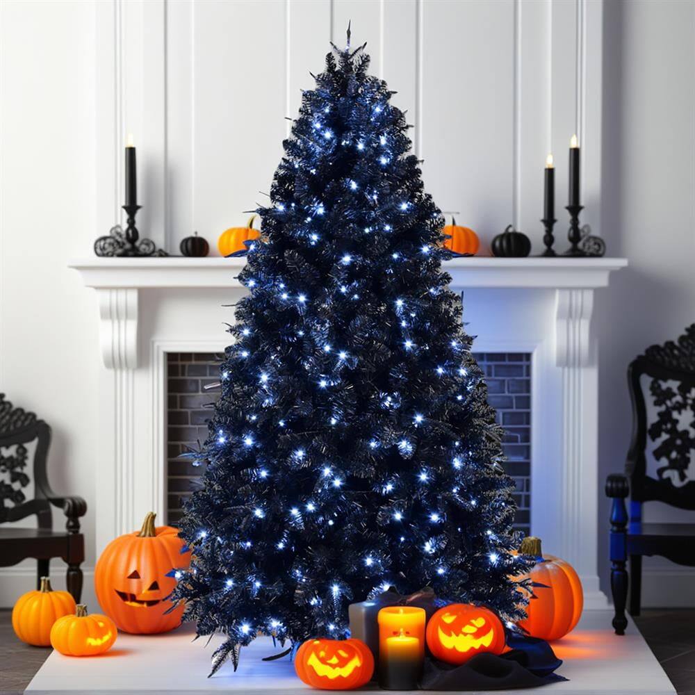 Front. Pefilos - 7ft PE/PVC Christmas Tree with Pre-Lit 450 Lights, 1916 Branch Tips, Foldable Base for Home Holiday Decor - Black.