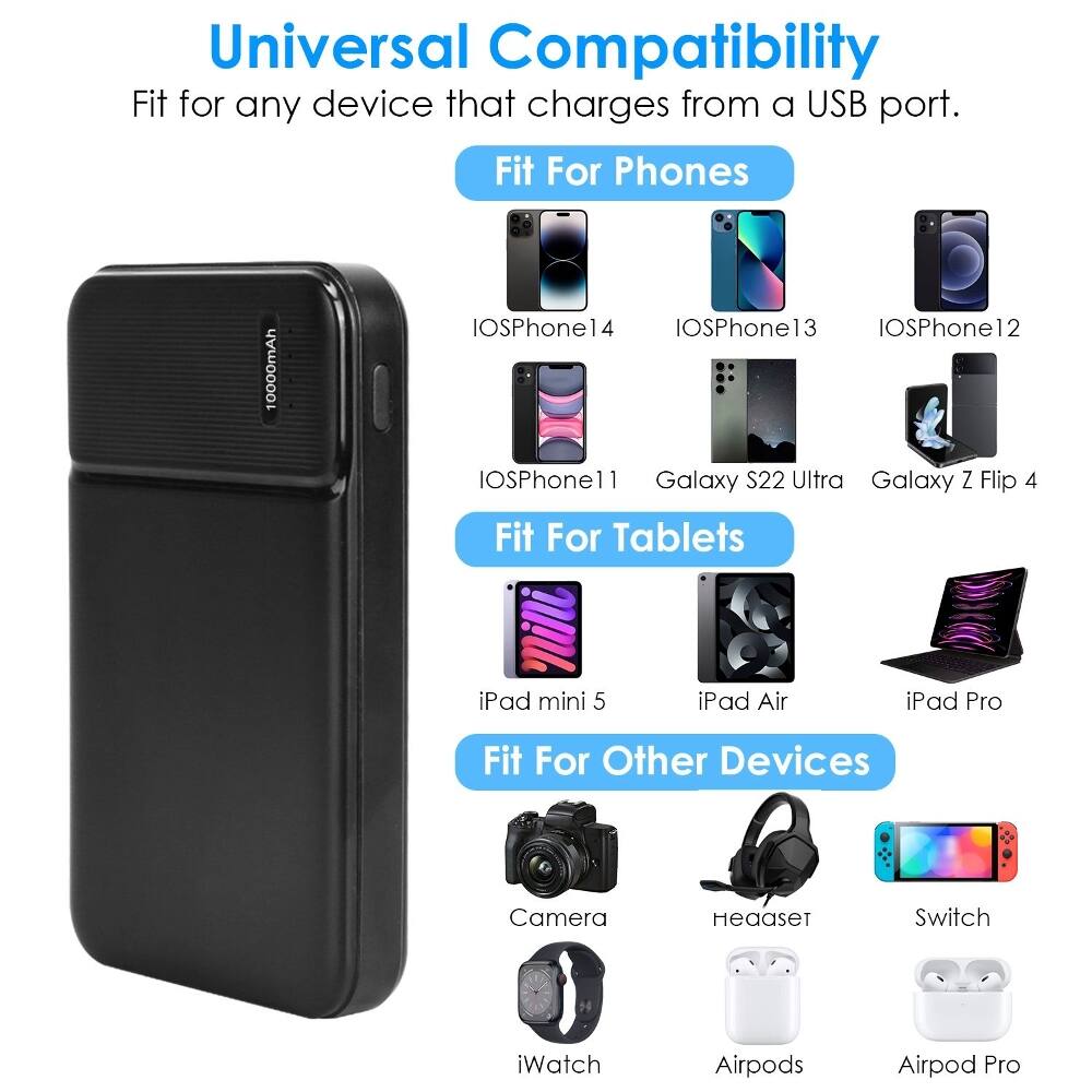 Universal Compatibility  
Fit for any device that charges from a USB port.  

Fit For Phones  
10000mAh  
IOSPhone14  
IOSPhone13  
IOSPhone12  
IOSPhone11  
Galaxy S22 Ultra  
Galaxy Z Flip 4  

Fit For Tablets  
iPad mini 5  
iPad Air  
iPad Pro  

Fit For Other Devices  
Camera  
Headset  
Switch  
iWatch  
Airpods  
Airpod Pro
