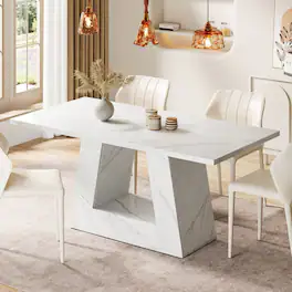 Tribesigns - Dining Table with Faux Marble Top, Trapezoidal Legs and Rectangular Top for Dining Room - White