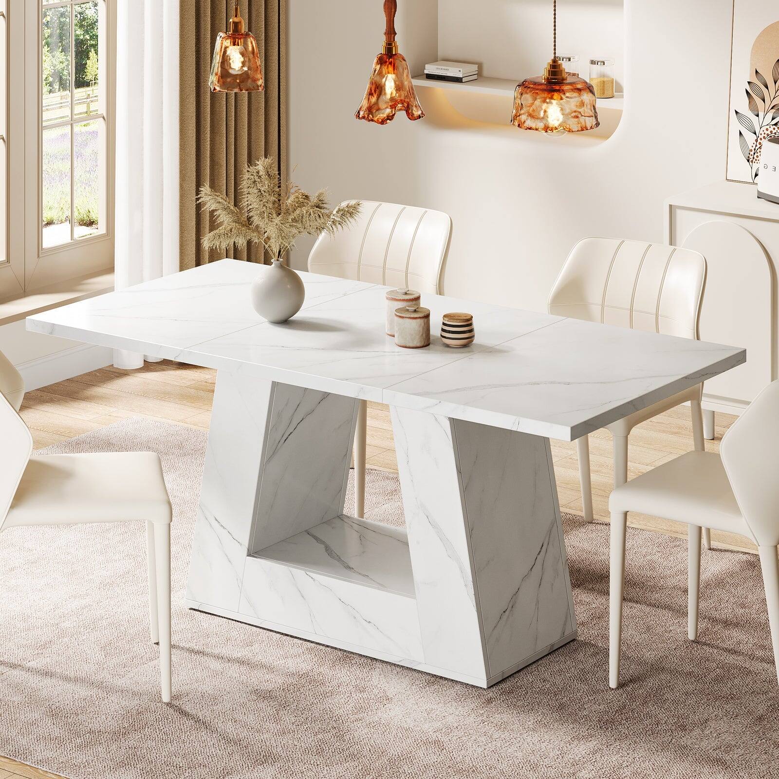 Tribesigns - Dining Table with Faux Marble Top, Trapezoidal Legs and Rectangular Top for Dining Room - White