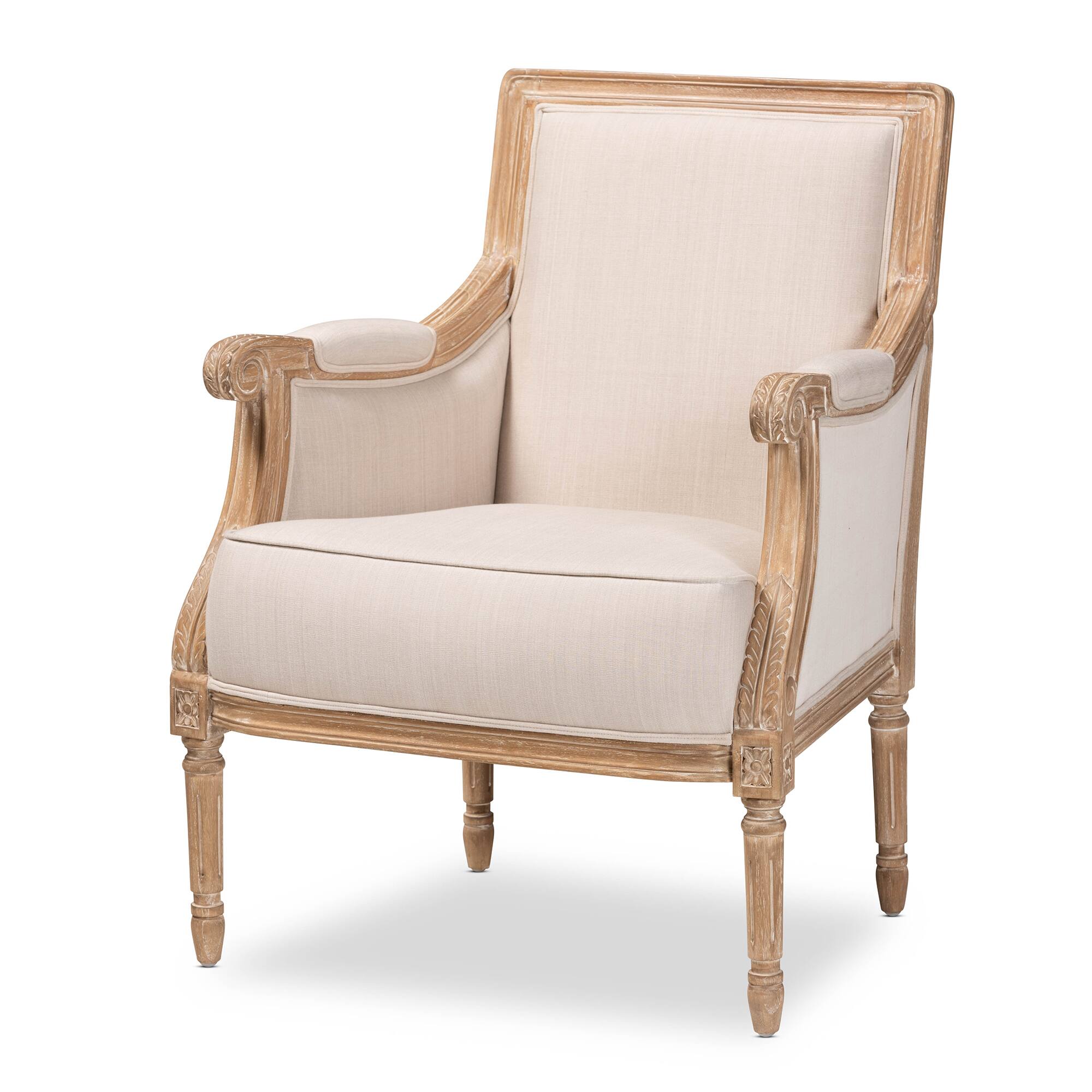 Front. Baxton Studio - Chavanon Wood & Linen Traditional French Accent Chair - Light Beige/Natural.