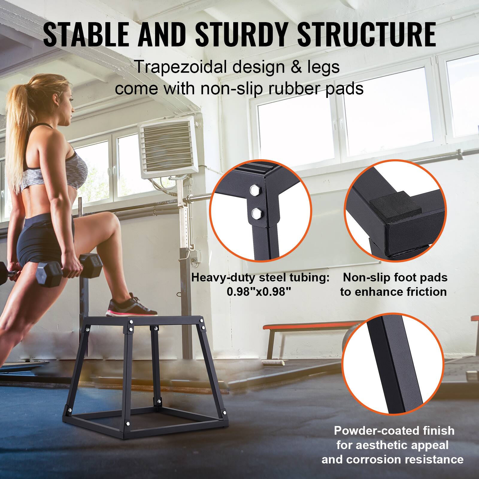 The text in the image can be grouped and corrected as follows:

**Stable and Sturdy Structure:**
- Trapezoidal design & legs come with non-slip rubber pads.
- Heavy-duty steel tubing: Non-slip foot pads (0.98"x0.98") to enhance friction.
- Powder-coated finish for aesthetic appeal and corrosion resistance.