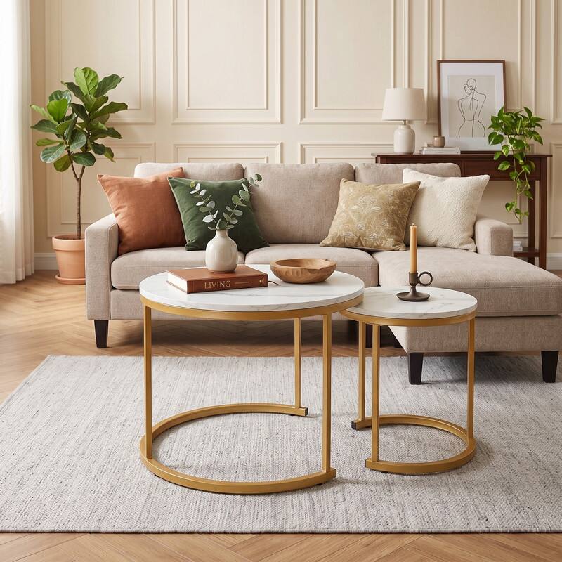 Angle. WELLFOR - Nesting Coffee Table Set of 2, Round Nesting Tables for Small Place, End Side Tables with Metal Frame - Golden.