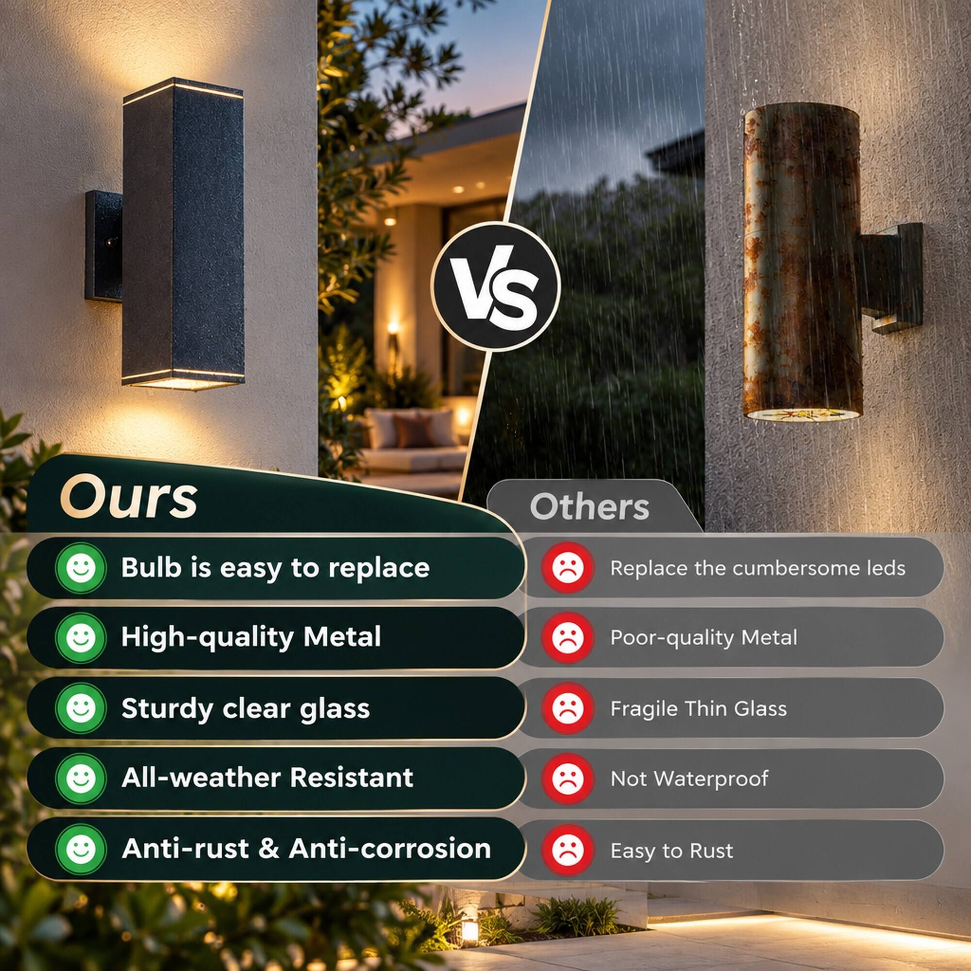 VS

Ours
- Bulb is easy to replace
- High-quality Metal
- Sturdy clear glass
- All-weather Resistant
- Anti-rust & Anti-corrosion

Others
- Replace the cumbersome leds
- Poor-quality Metal
- Fragile Thin Glass
- Not Waterproof
- Easy to Rust