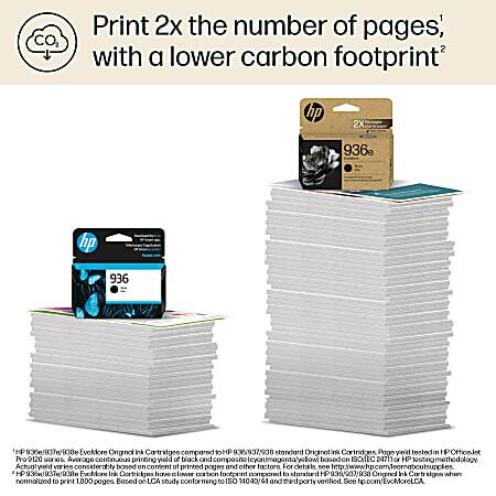 Print 2x the number of pages, with a lower carbon footprint

HP 2X 936e HP 936 HP EvoMore Original Ink Cartridges compared to HP 836/937, 938 Original Ink Cartridges

Page tested in OfficeJet Pro 9120

Average continuous printing yield of black and composite based on ISO/IEC 24711c. HP Actual varies considerably based on content of printed pages and other factors.

For details see HP EvoMore Ink Cartridges have a lower carbon footprint compared to standard Original Ink cartridges normalized to print 1,000 pages. Based on LCA study conforming to ISO 14040/41 and third-party verified. See hp.com/EvoMoreLCA