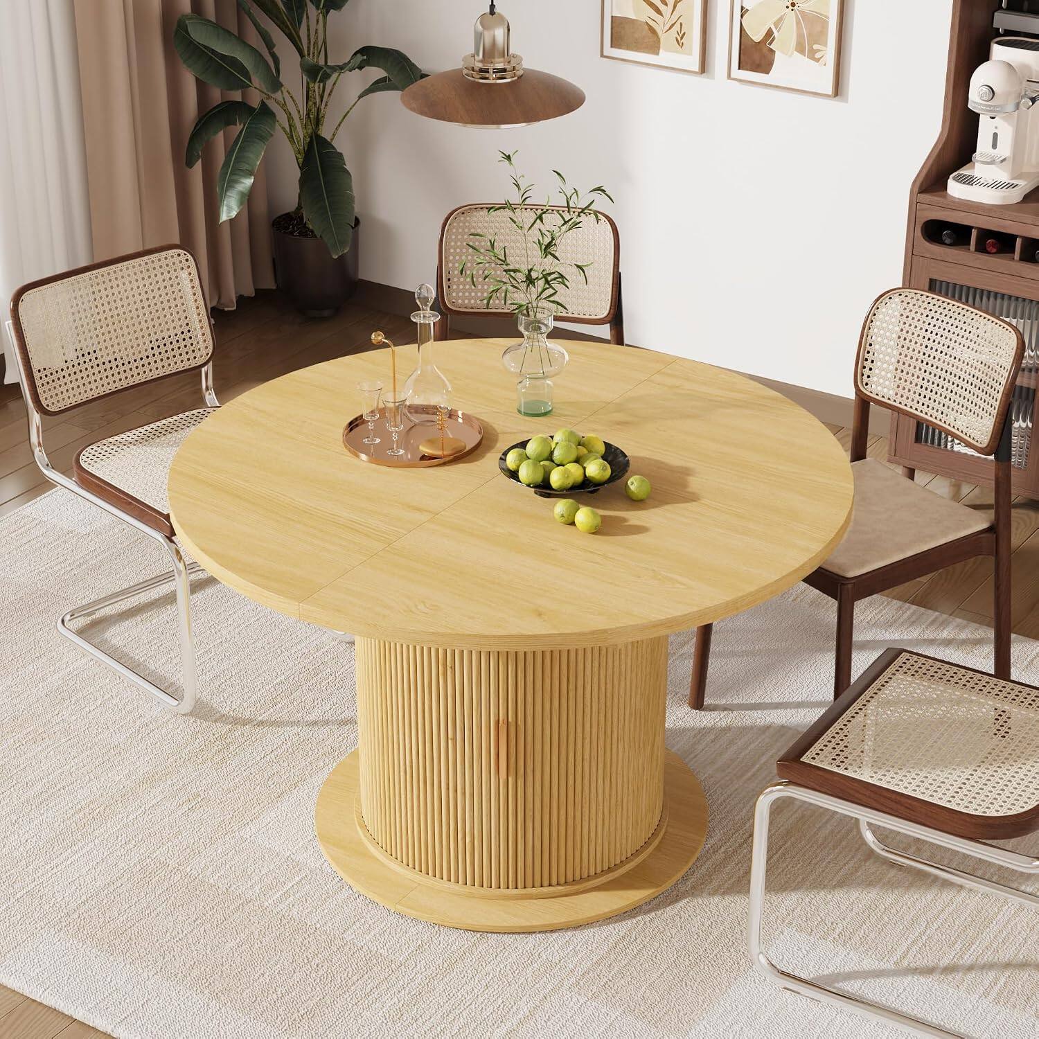 Angle. Espafurni - 47-63" Extendable Dining Table for 4-8, Modern Oval Table with 2-Tier Storage Shelf - Natural Wood.