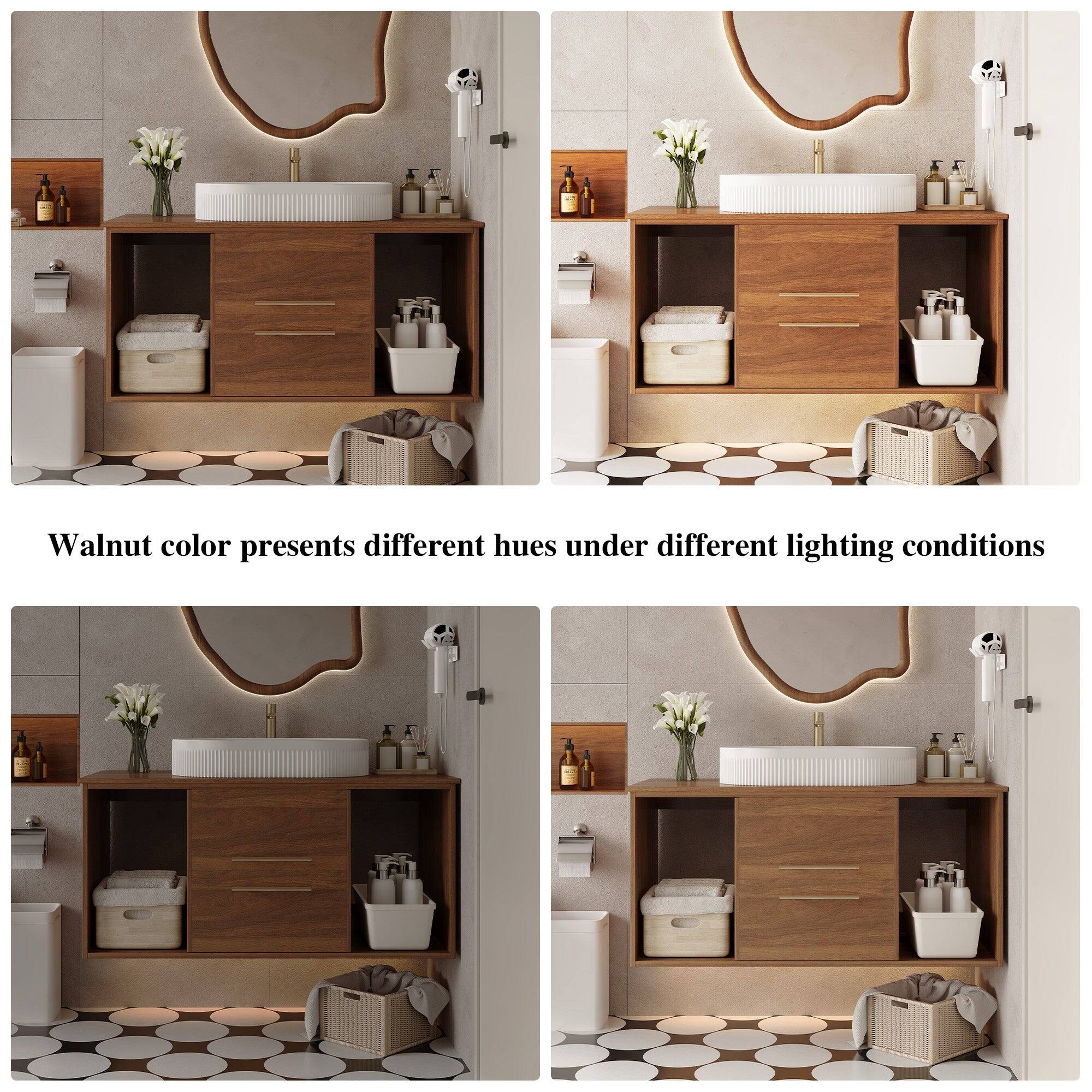 Walnut color presents different hues under different lighting conditions