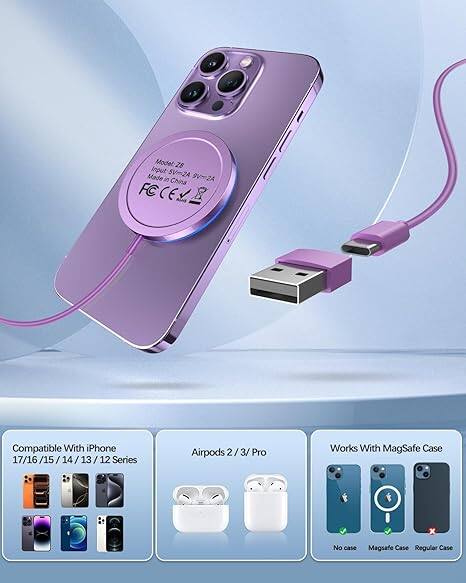 Model: 78  
Input: 5V-2A 9V-2A  
Made in China  

Compatible With iPhone 17/16/15/14/13/12 Series  
Airpods 2/3/Pro  

Works With MagSafe Case  
No case  
MagSafe Case  
Regular Case