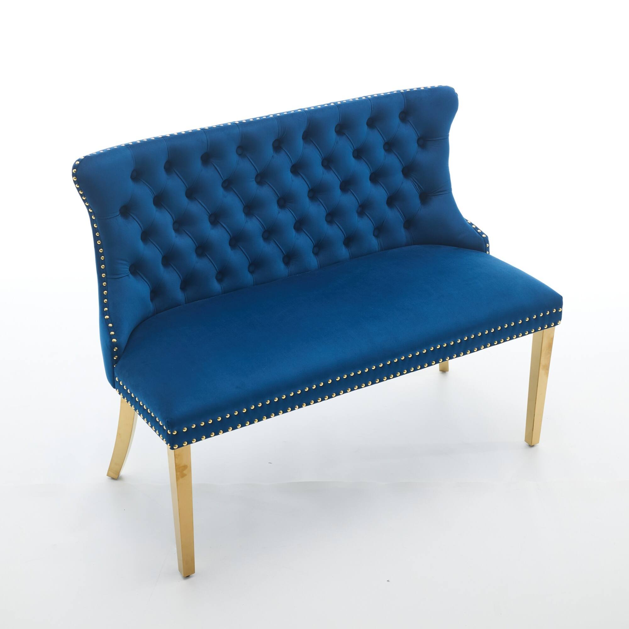 Alt View 1. GOODSILO - Velvet Tufted Double Seater Dining Bench with Gold Accent Legs for Kitchen and Dining Room Seating - Blue.
