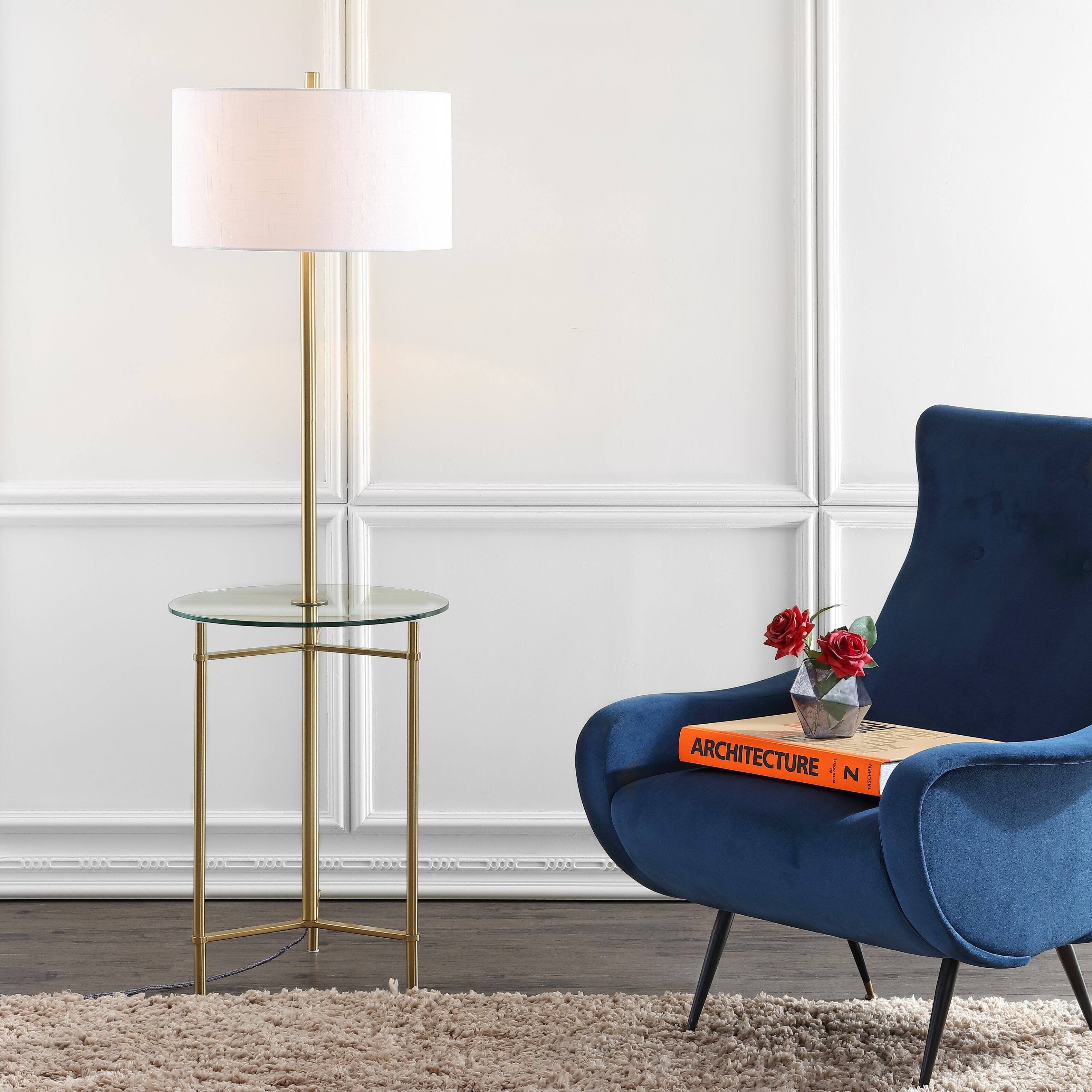 Alt View 1. Jonathan Y - Chuck 59" Modern Minimalist Metal and Tempered Glass LED 2-in-1 Space-Saving Tray Table and Floor Lamp, Brass Gold - Brass Gold.