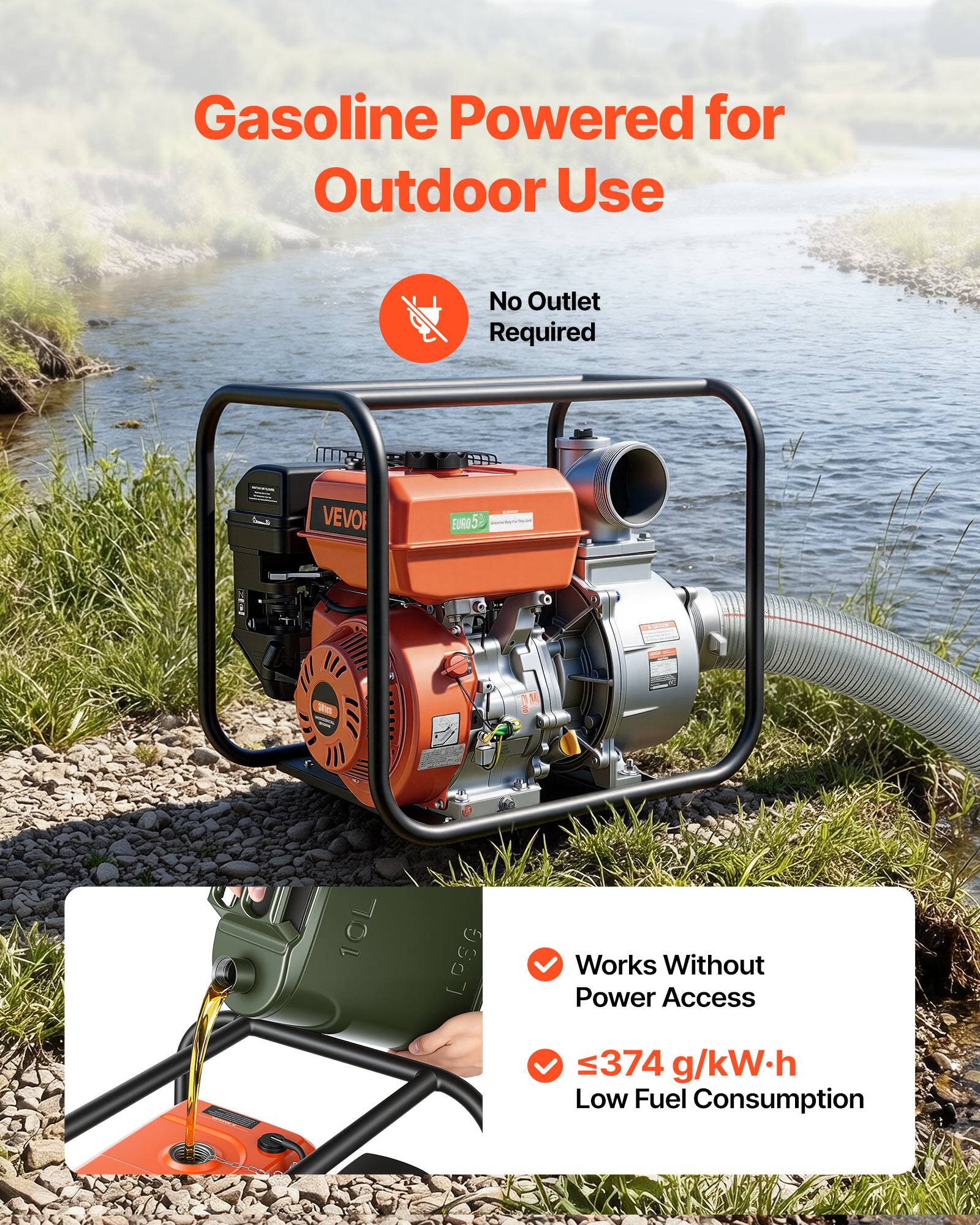 Gasoline Powered for Outdoor Use  
No Outlet Required  

VEVOI EURO // IE 11 10L  

Works Without Power Access  
≤374 g/kW·h  
Low Fuel Consumption