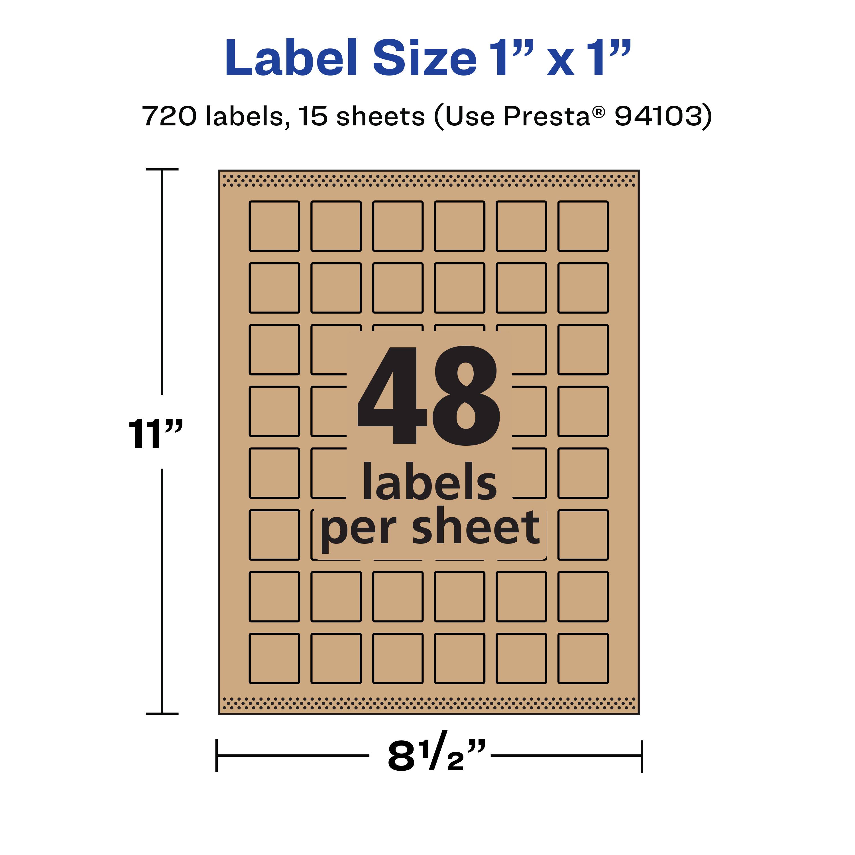 Label Size 1" x 1"  
720 labels, 15 sheets (Use Presta® 94103)  
11" x 8 1/2"  
48 labels per sheet