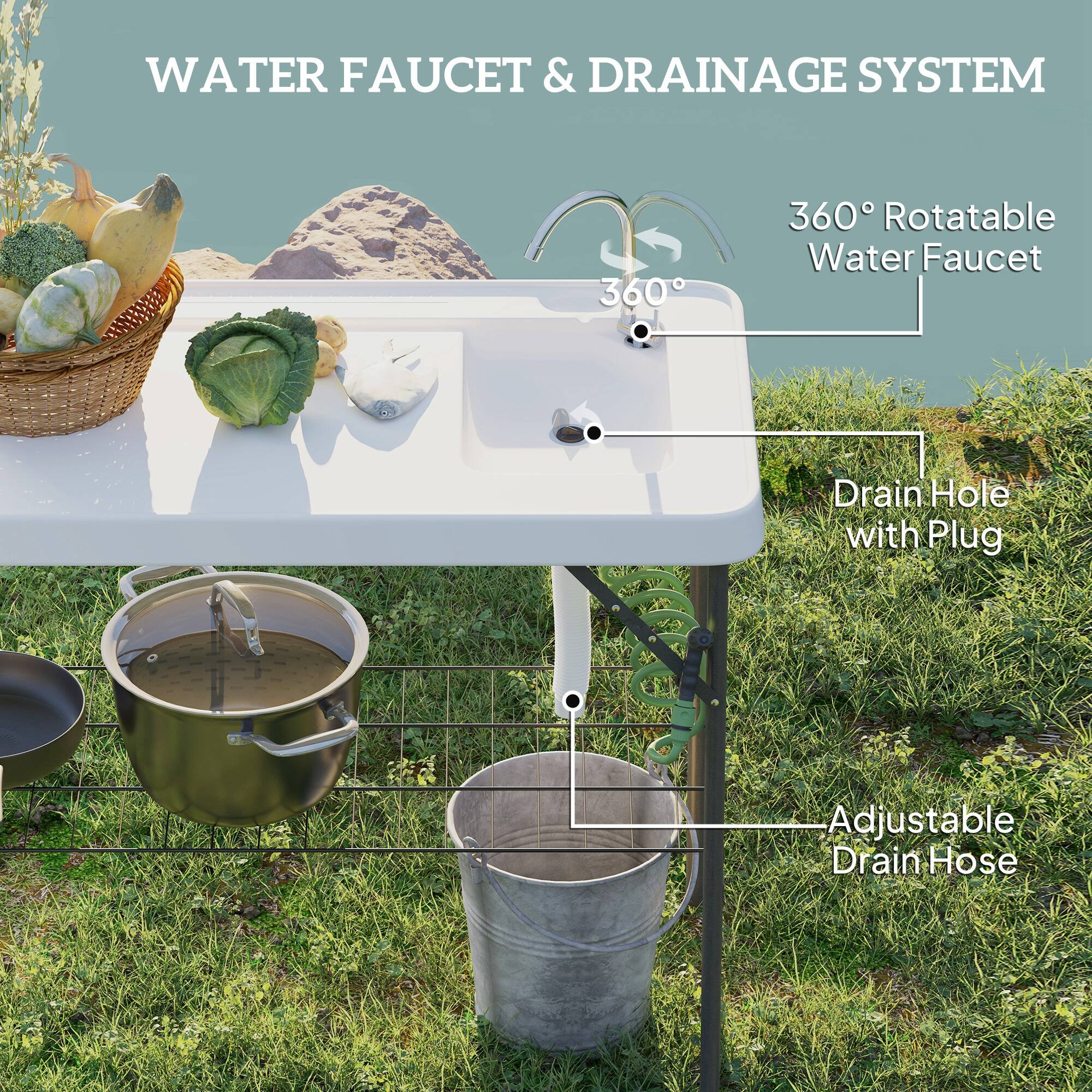 WATER FAUCET & DRAINAGE SYSTEM
360° Rotatable Water Faucet
Drain Hole with Plug
Adjustable Drain Hose