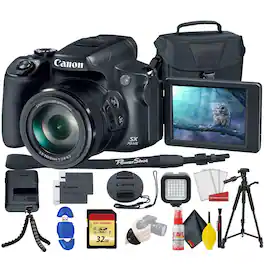 Canon - PowerShot SX70 HS Digital Camera (3071C001) with 32GB Memory Card, Padded Case, Spider Tripod, LED Light, Extra Ba