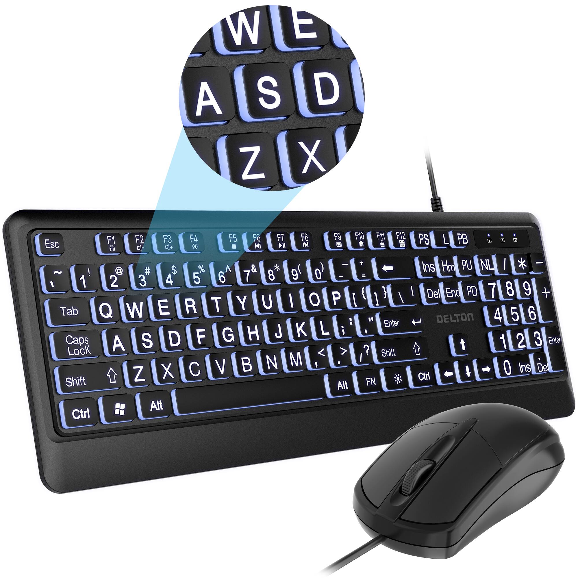Delton - KBM20 Wired Large Big-Button/Big-Key Backlit Keyboard and Mouse Combo, (DKMBG20-U) - Black