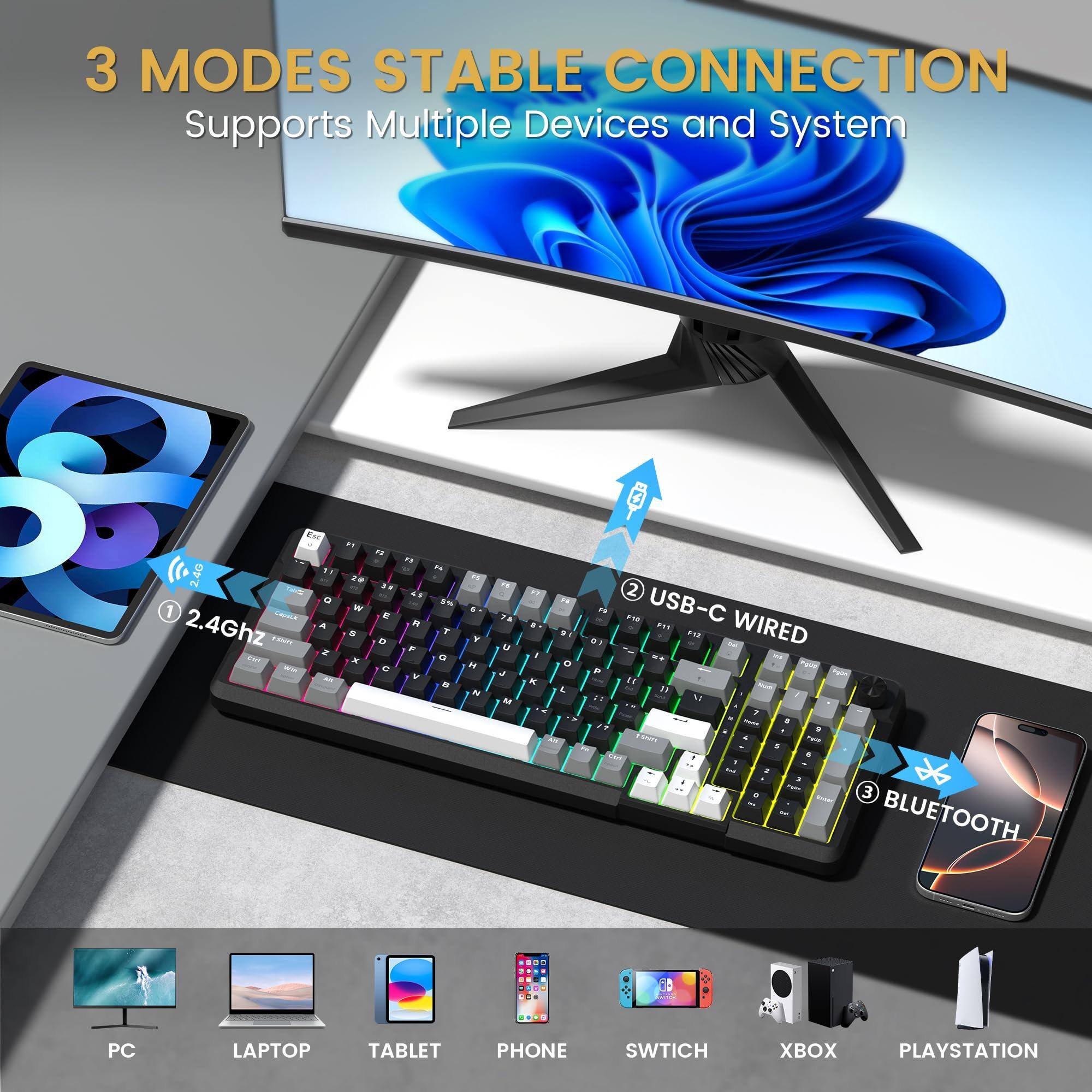 3 MODES STABLE CONNECTION  
Supports Multiple Devices and System  

1. 2.4Ghz  
2. USB-C WIRED  
3. BLUETOOTH  

PC LAPTOP TABLET PHONE SWITCH XBOX PLAYSTATION