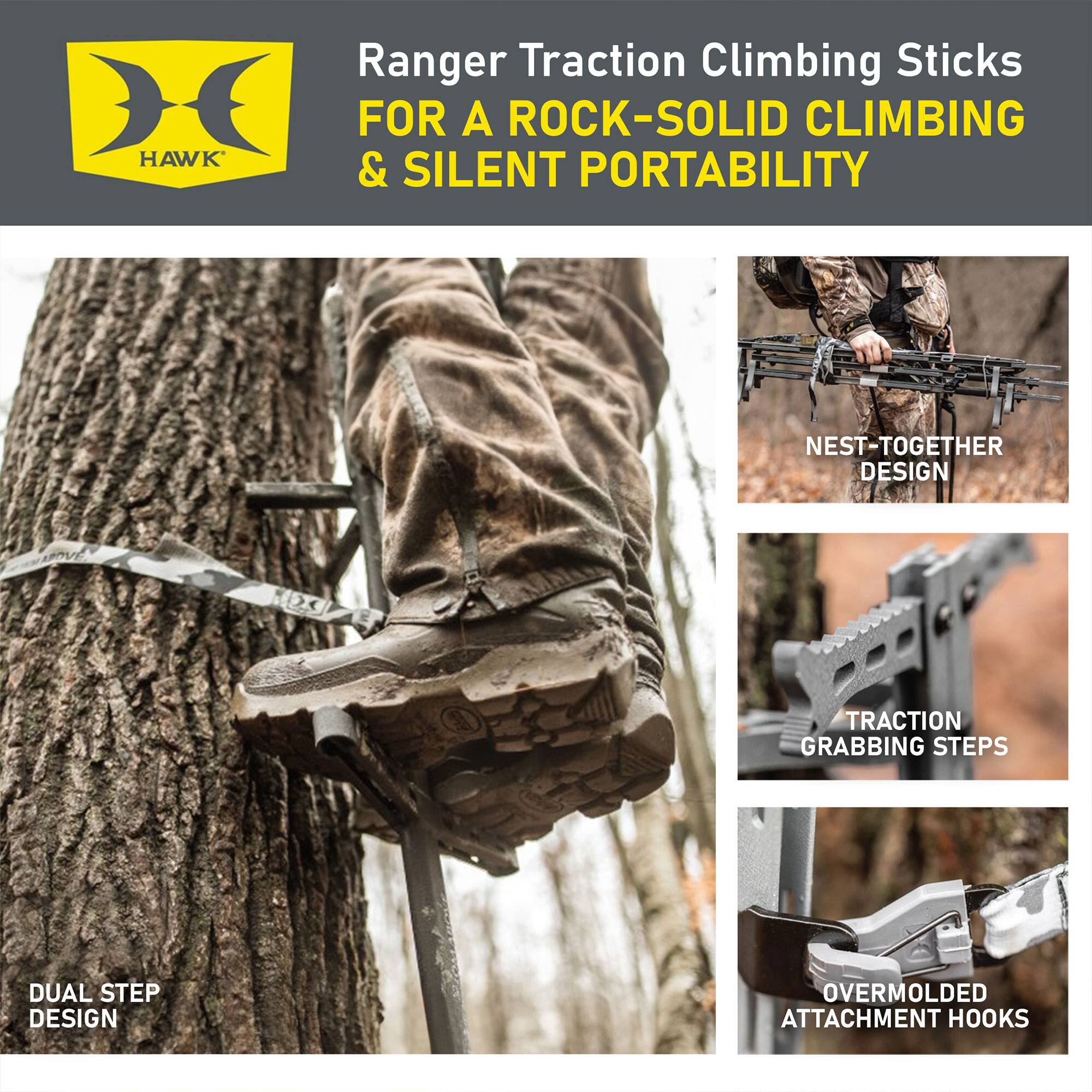 Ranger Traction Climbing Sticks  
FOR A ROCK-SOLID CLIMBING & SILENT PORTABILITY  

- NEST-TOGETHER DESIGN  
- TRACTION GRABBING STEPS  
- DUAL STEP DESIGN  
- OVERMOLDED ATTACHMENT HOOKS