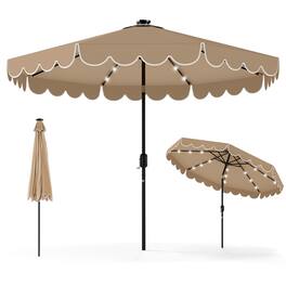 Gymax - 9.3 FT Solar Patio Umbrella w/ 32 LED Lights & Vented Top & Ruffles - Coffee