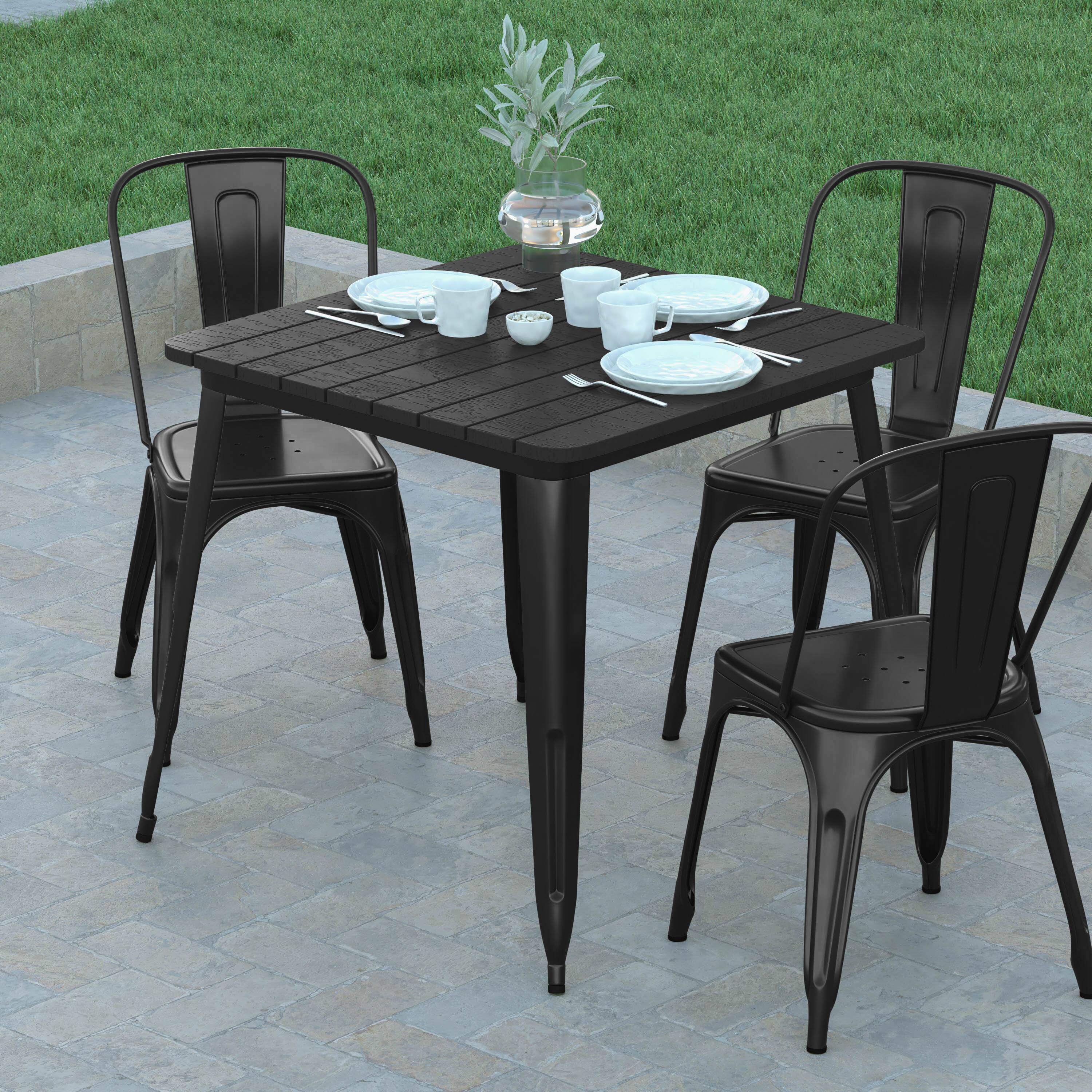 Alt View 3. Emma + Oliver - Drew Indoor/Outdoor Dining Table, 31.5" Square All Weather Poly Resin Top with Steel Base - Black Top/Black Frame.