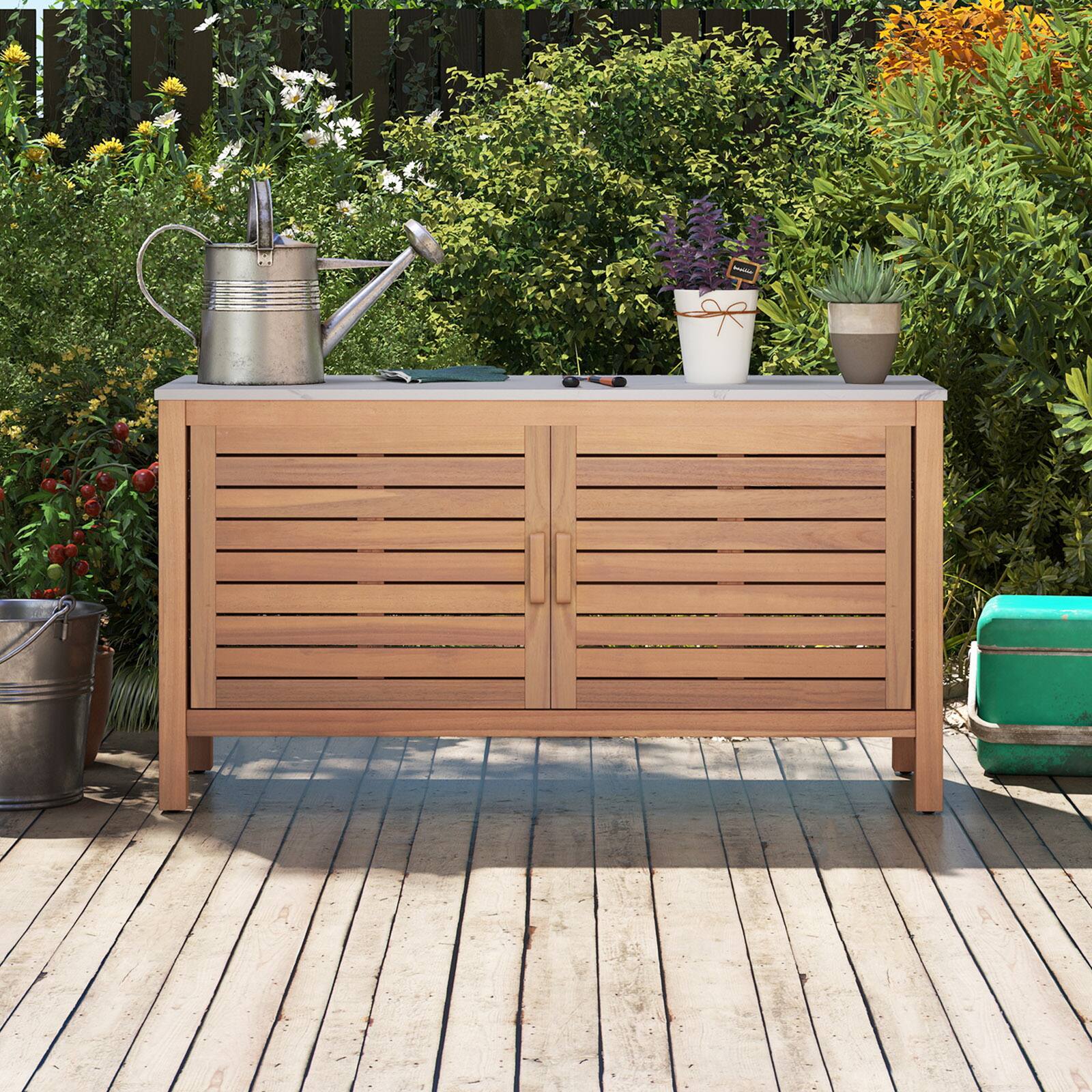 Alt View 4. Gymax - Gymax 2-Door Patio Storage Cabinet w/ Faux Marble Top Wooden Sideboard for Deck - Natural, White.